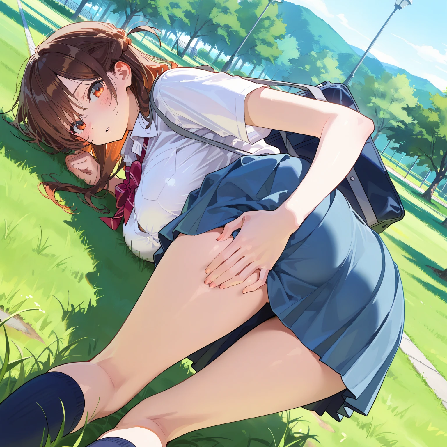 drawing of a girl with long dark brown hair, light brown eyes, with a smiling expression on his face, drunk, wearing a white shirt and a short black skirt, her  is visible, she forgot to put on her panties, she is not wearing panties, She is very embarrassed by the situation.,  sitting on the grass floor on her legs,, at the bottom of a park