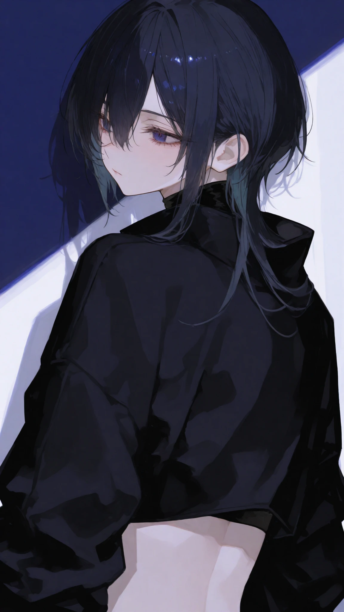 girl,Black-haired, dark blue eyes, Boyish,Black Jacket,hair between eye,Black Turtleneck, Crop top ,slim, mullet hair ,cute,upper body shape,Look Back,White Room,