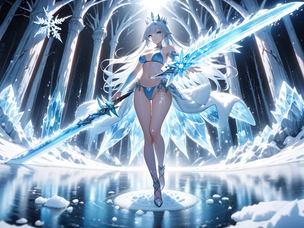 8k, unreal engine 5, ultra high quality, ultra detailed, ultra high resolution, ultra shapness, ice giantess, body made of ice, ice as skin, cinematic, solo focus perfect body proportions, detailed body, detailed fingers, ice body, full body, stand infront of mountain,  frost silk attire, auora night sky, tiny humans running away from her in the background