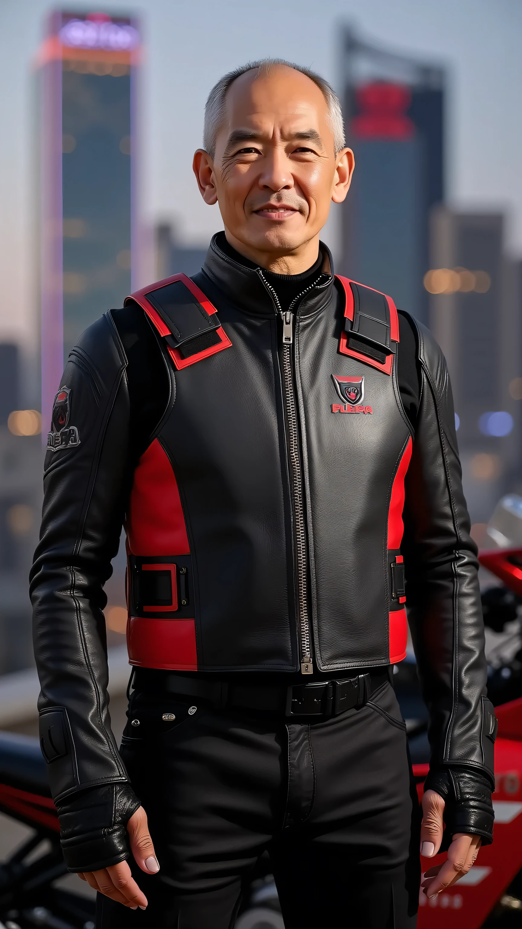 a 59 year old thin asian man, wearing a black and red leather jacket, wearing a horse riding vest over his leather jacket that is zippered closed, the jacket has padded trunk with heavy armored sleeves and panels on the  and belly to protect against impact, the man stands near a motorcycle at dusk, in a cyberpunk cityscape, near a skyscraper, red skyscraper, sign above the door "Celega Tech"