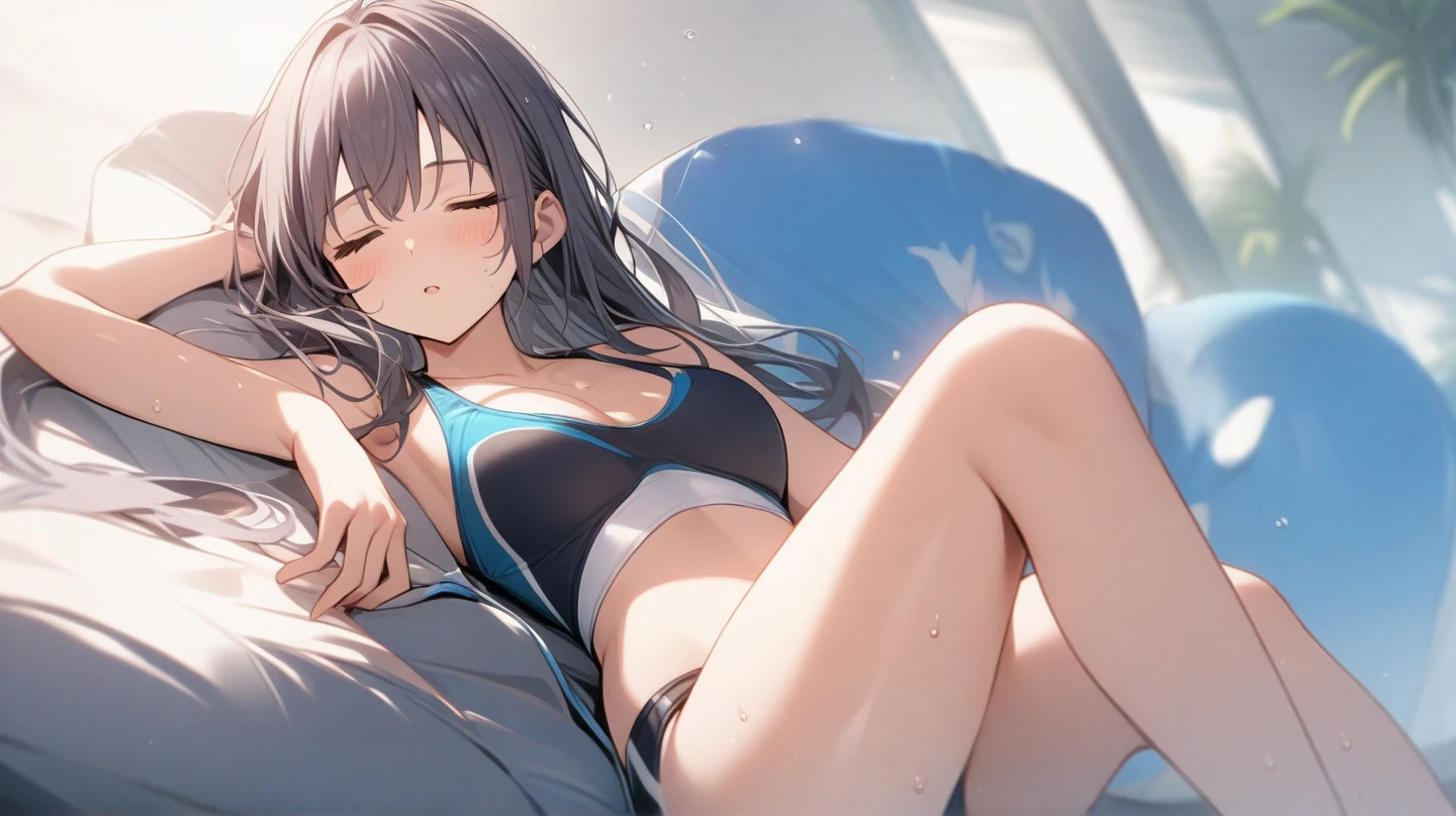 ((top-quality))、((​masterpiece))、1girl in、Formal-up、beautiful detailed eyes and face、pretty skin、Realistic、a very cute、22year old、School swim wear(Dark blue color、Simple design、Matte texture、Wrinkle、Wet、Polyester material、shadings、)Wet body、Anime Face、Beautie、Facing the front、big eye(Beautiful fece、Anime Face、Clear eyes、Fine details、beautidful eyes)Well-formed face(Beautiful nasal muscles、Perplexed、sharp mouth)full of sweat、sodden、Wet feeling、Background with(sunny sky、takeout)、8K picture quality、perfectly proportions、A slender、red blush、female focus on, hair adornments,length hair, Look at viewers,((pee))((pissing))((water dripping))