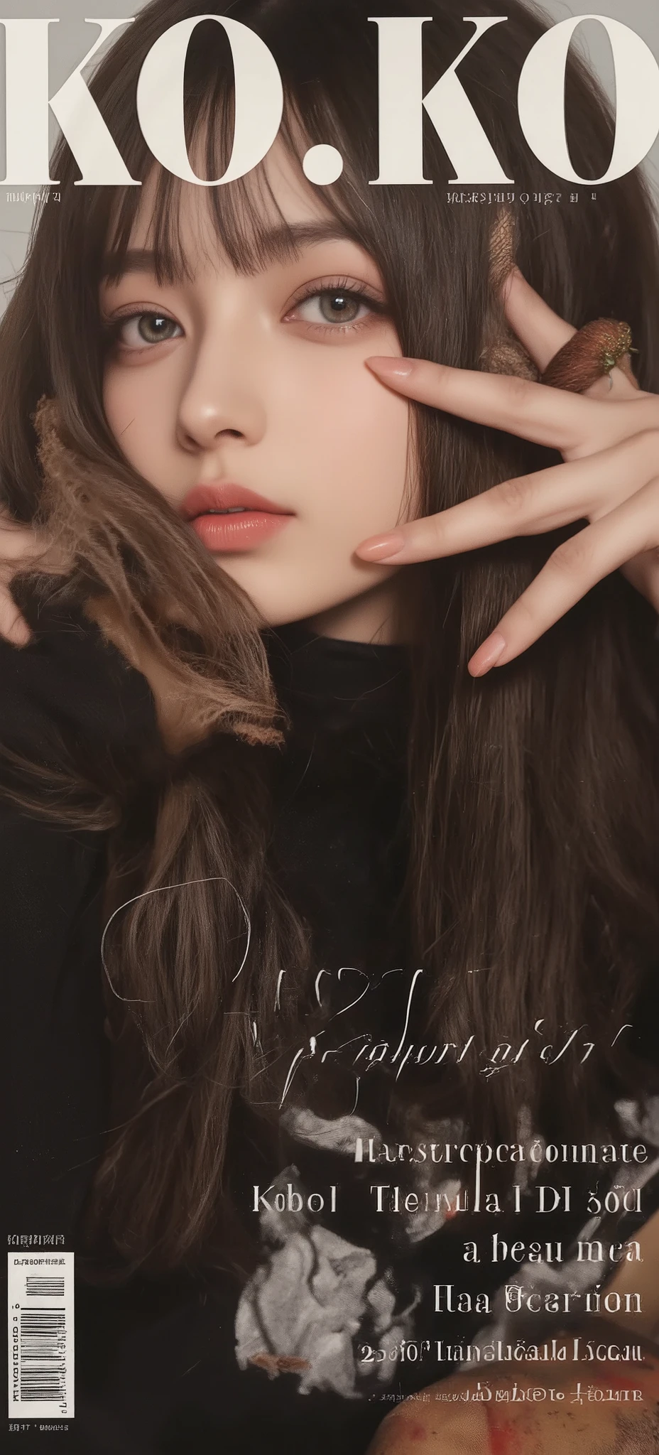Masterpiece, best quality, professional photography, ultra detailed, 1 noble girl, fashion magazine cover featuring a portrait of a stylish woman , large bold stylish title “KO.KO” at the top in Didot's typeface, inspired by high fashion covers from Vogue and Dazed, long hair, detailed eyes, Seductive Look, aesthetic_pose, Gorgeous background, magazine-style design