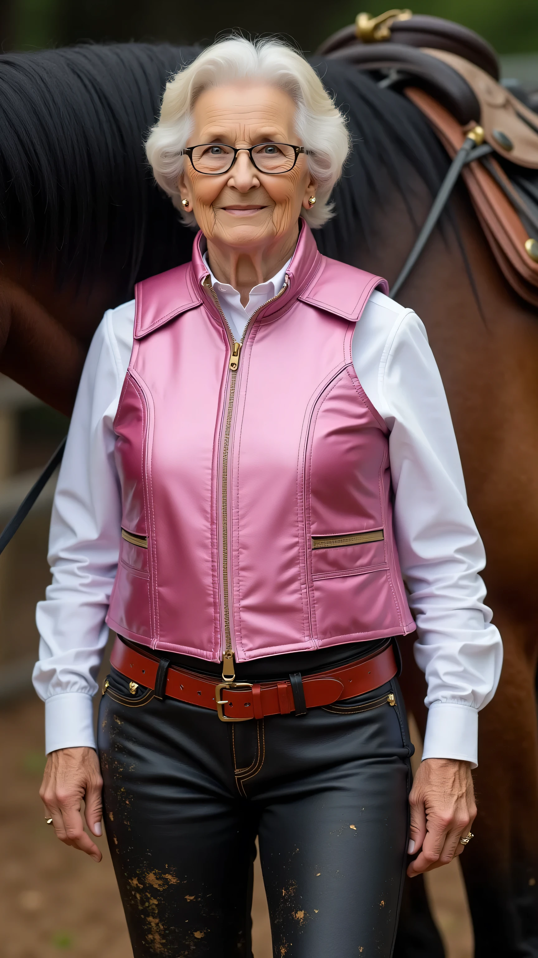 wide angle image a 94 year old elderly woman wearing a shiny polished pink metallic horse riding vest made of heavy thick stiff protective leather with a wide heavy red leather belt around her , wearing black leather pants, wearing a white rubber shirt with long sleeves that is slightly grimy with mud, the woman stands next to a horse with black hair that has some dried mud on their legs and , the woman has muddy riding boots