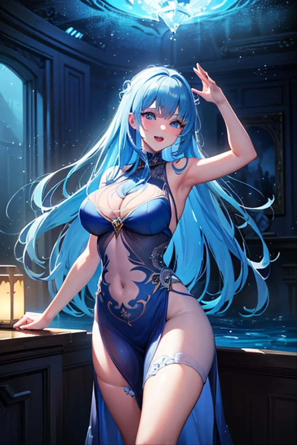 (highest quality, 8K, 32K, masterpiece, UHD: 1.3), 1 female, (Oversized: 1.3), perfect figure,, (attractive), (Sheer skin)) 、((((Transparent see-through dress))))、see-through dresses、lace sheer dress、?????????????????、Sheer skin、?????????????????を着た美しい裸の女性、solo、best style、???????????、The most beautiful in the world、unparalleled beauty、long hair、 ((Roman baths)),、Blue lighting. concept art stunning atmosphere, blue atmosphere, beautiful concept art, Dark majestic gorgeous waterside、(blue water辺、blue water)、blue fountain、blue pottery、Blue Wall、Blue floor、blue reflection、blue window、get wet in blue water、Blue light、blue flower、Blue roses、blue lantern、Expressive、???? pose、???? design、pink ???????