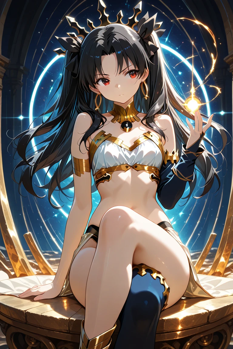 m legs,goddes、soio、She wears golden ornaments all over her body、 except for accessories、large full breasts、long black hair that reaches down to the legs、Aztec mythology、Brown-skinned、Sweaty