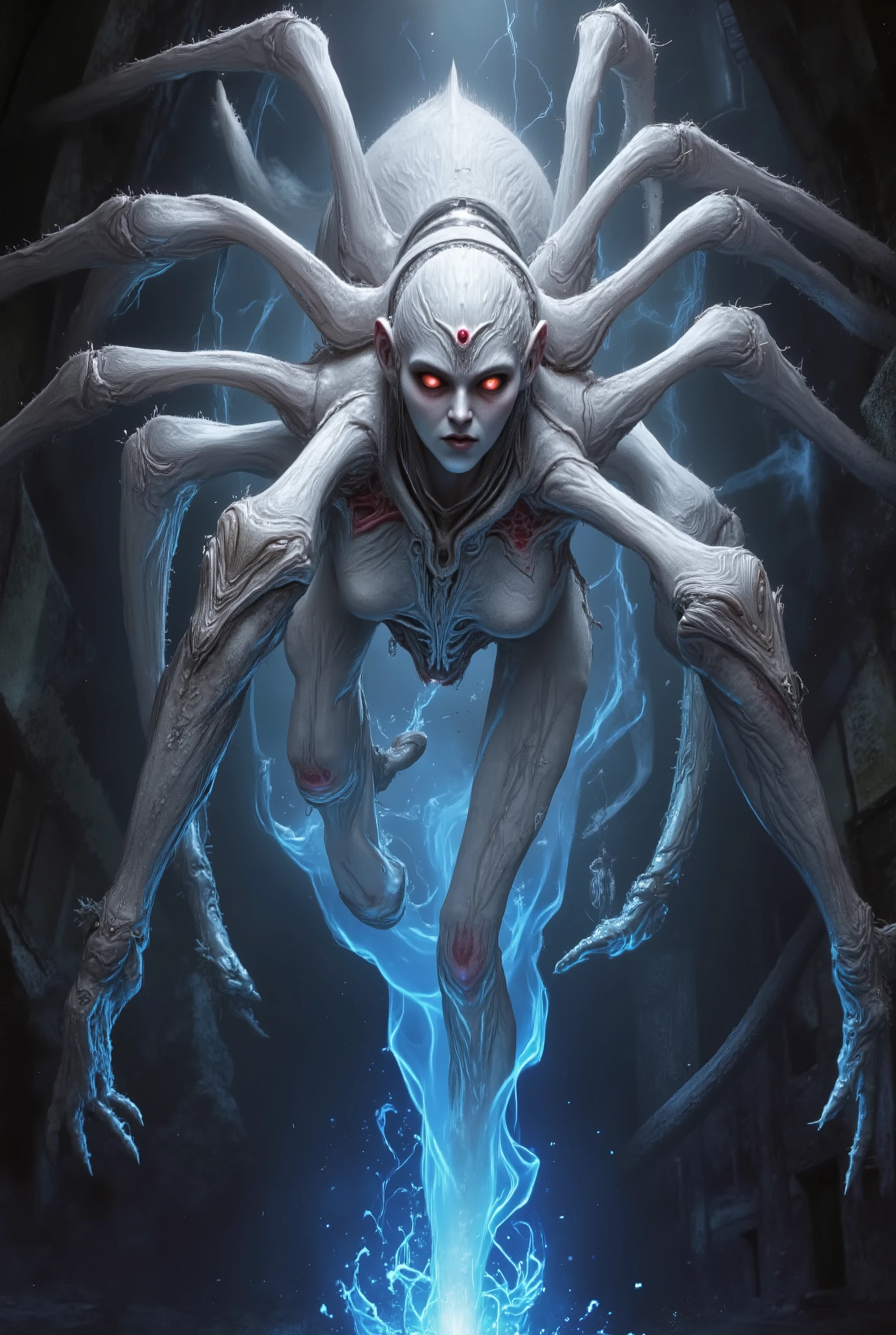 "realistic spider queen, female humanoid upper body fused with monstrous spider legs, white chitin armor, bioluminescent red eyes, multiple eyes on forehead, dark white and crimson tones, highly detailed organic textures, sinister expression, fantasy horror setting, dramatic studio lighting, ultra-realistic, 8k, digital art, blue flame aura