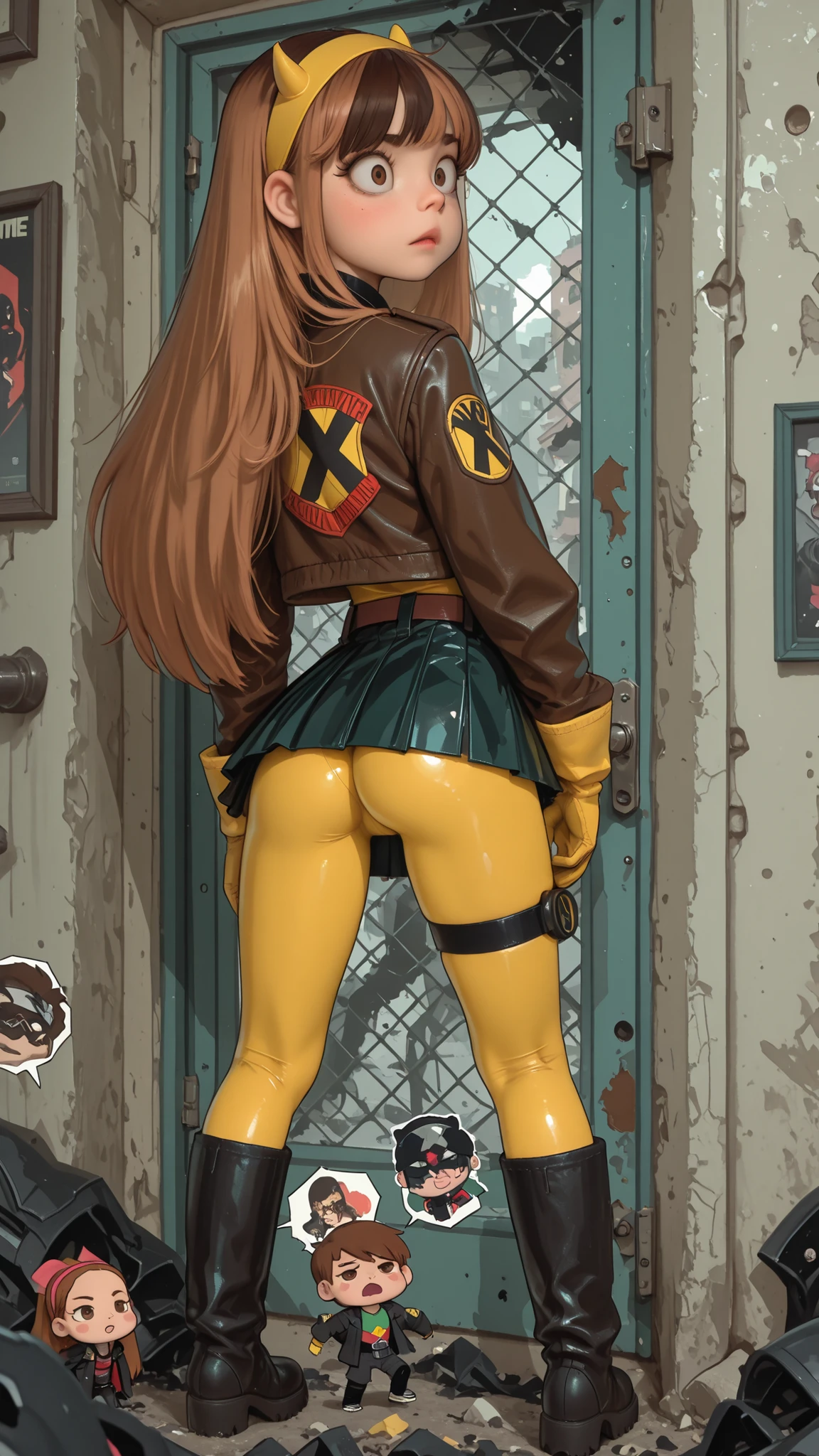 by Tsukushi Akihito, artist:moriimee. In an full fight action state of the art comic cover page in a destroyed city scene, we can see DEFrogue, long hair, dyed bangs, headband, bodysuit, jacket, yellow gloves, belt, stylized transparency, long sleeves, black mini skirt. Rogue (X-Men) depicted with long, wavy reddish-brown hair and a prominent white streak framing her face, reddish-brown eyes, and a confident, playful expression. She wears her iconic bright-yellow and olive-green bodysuit with a high black collar and black “X” symbol, along with a cropped light-brown leather jacket with wide lapels and a red/black X-Men emblem on the sleeve. Accessories include a wide black belt with a circular red “X” buckle and a black thigh strap. Black boots show the green-and-yellow bodysuit legs. Manga-comic composition, monochromatic, black and white, with a small chibi corner panel featuring expressive, cute emotional icons. Hersuit is open and we can see her very sexy lace lingerie under her clothes, nice and round butt, nip slip