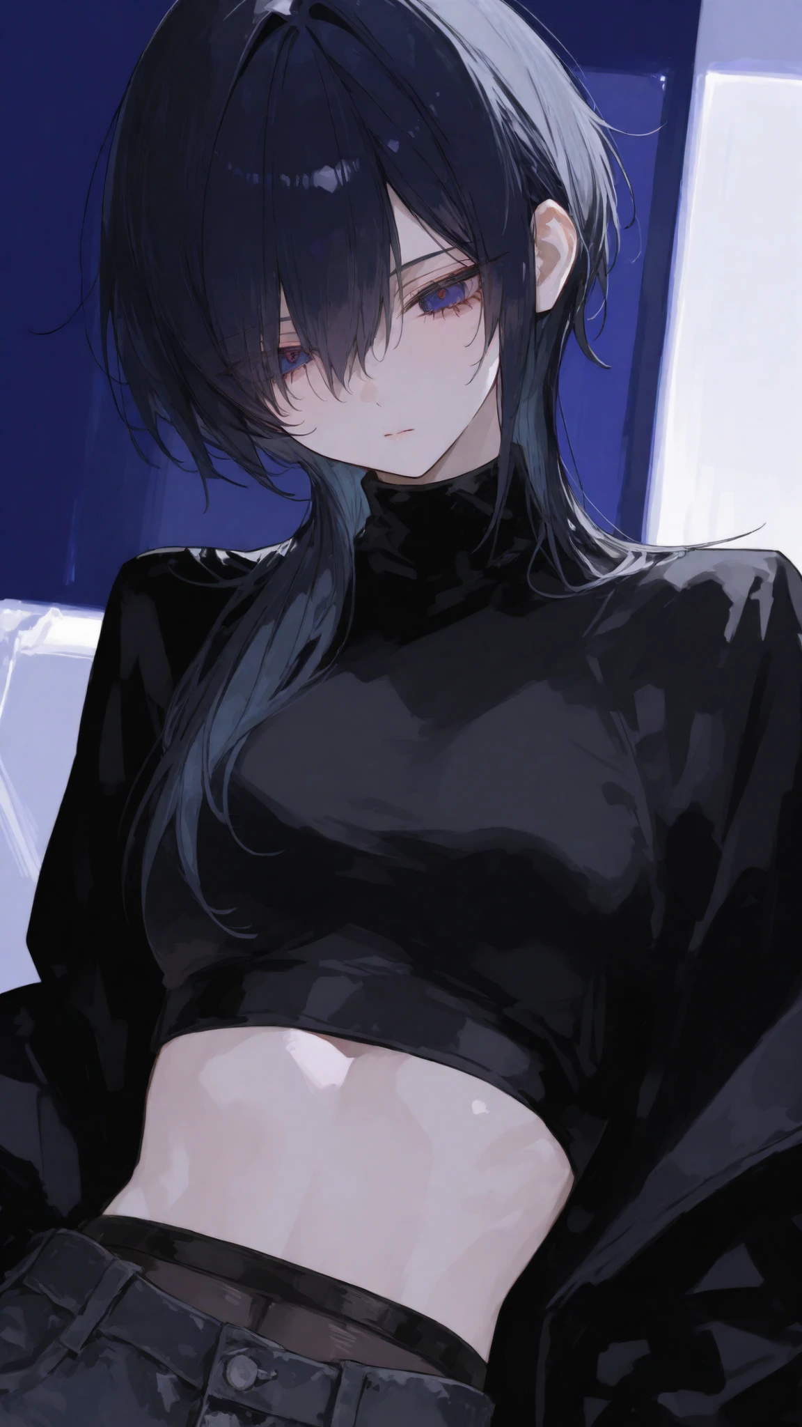 girl,Black-haired, dark blue eyes, Boyish,Black Jacket,hair between eye,Black Turtleneck, Crop top ,slim, mullet hair ,cute,upper body shape,White Room,Trousers,Black tights, jacket
