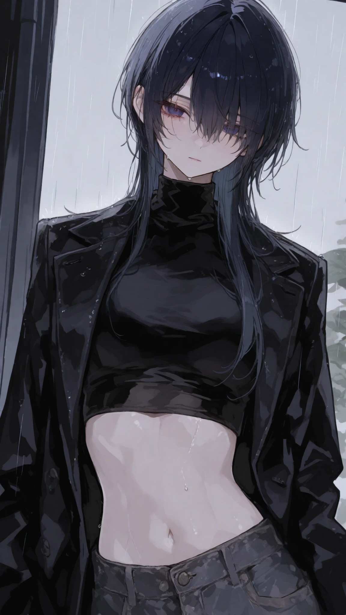 girl,Black-haired, dark blue eyes, Boyish,Black Jacket,hair between eye,Black Turtleneck, Crop top ,slim, mullet hair ,cute,upper body shape,Trousers, jacket,Standing in the rain, Looking at view ,Let your hair down