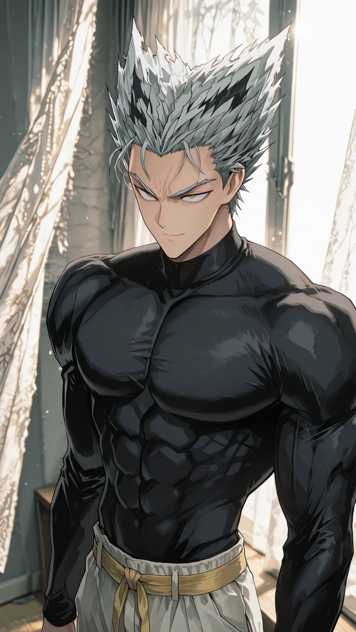 The soft and beautiful silk curtain of the mysterious night sky comes down, and beautiful angels descend from heaven to earth. top quality underneath, very detailed, Perfect Description , Mature Male Garou, rebellious short silver hair, original unique texture, Strong masculine beauty , distinct jawline, sexy look, perfect muscular upper body, wide shoulder line, Strong chest muscles,The top is only conceived as a black compression tee, GI pants, provocative pose, Clear image quality, sexy waist , There are two, Soft light behind curtains, intense contrast , Stylish composition , 새로운 Garou in One Punch Man, illustration, pants have a yellow waistband. emphasize a dry but firm body, His hair is only made up of silver. He smiles and his yellow eyes stare into the artist's eyes. soft contrast expression.