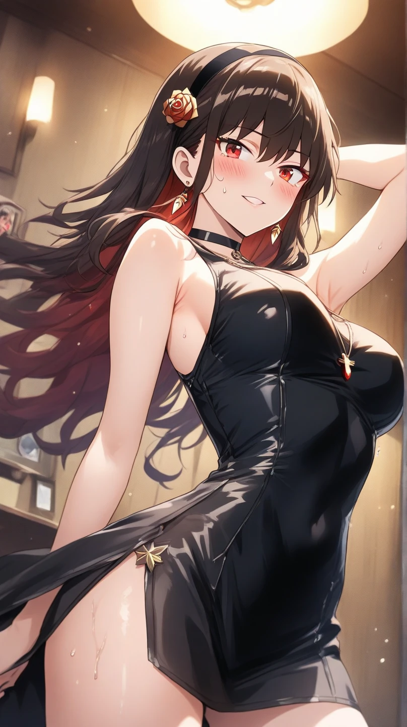 Hu Tao, 1girl, solo, long hair, looking at viewer, smile, , city background, ,  shoulders, teeth, tight shirt, short sleeves, closed mouth, black t-shirt,portrait, shorts, skin tight outfit, seductive, realistic, best quality, masterpiece, ultra detail, ultra high res, extreme detail, 8k