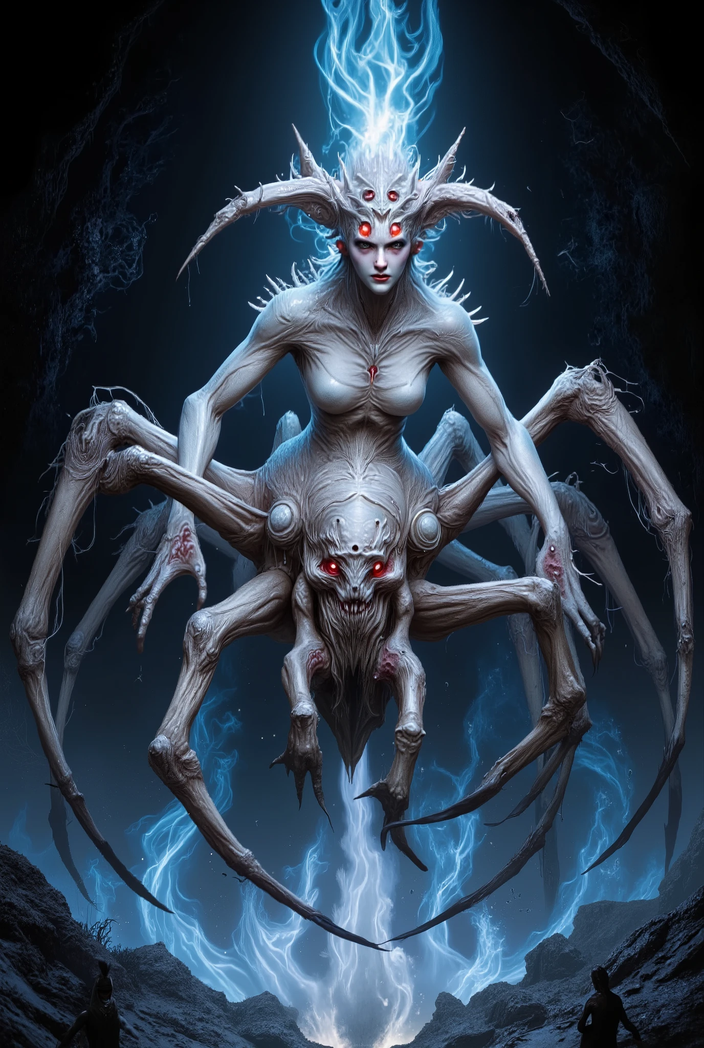 "realistic spider queen, female humanoid upper body fused with monstrous spider legs, white chitin armor, bioluminescent red eyes, multiple eyes on forehead, dark white and crimson tones, highly detailed organic textures, sinister expression, fantasy horror setting, dramatic studio lighting, ultra-realistic, 8k, digital art, blue flame aura