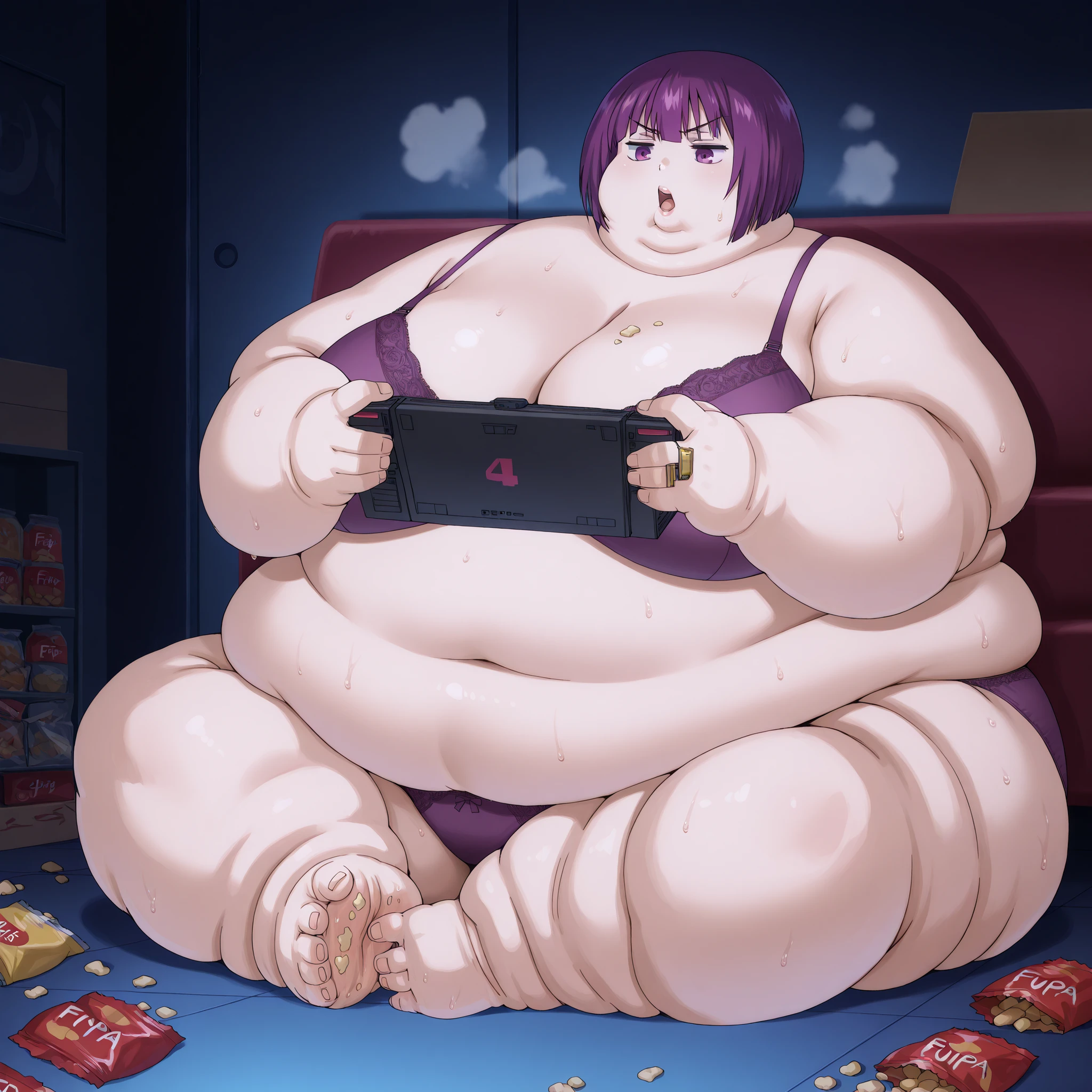 Shion, 1girl, short hair, purple hair, purple eyes, bangs, bra and panties, sitting on floor, playing video games, breasts, fat, chubby, obese, fat neck, multiple chins, big breasts open mouth, out of breath, Larger female, full body shot, only head, large head, oversized limbs, large hands, large feet, oversized feet, oversized fingers, big lips, plump lips, fat face, fupa, big fupa, fat fupa, food wrappers, snacks, sweating, food stains, grease stains