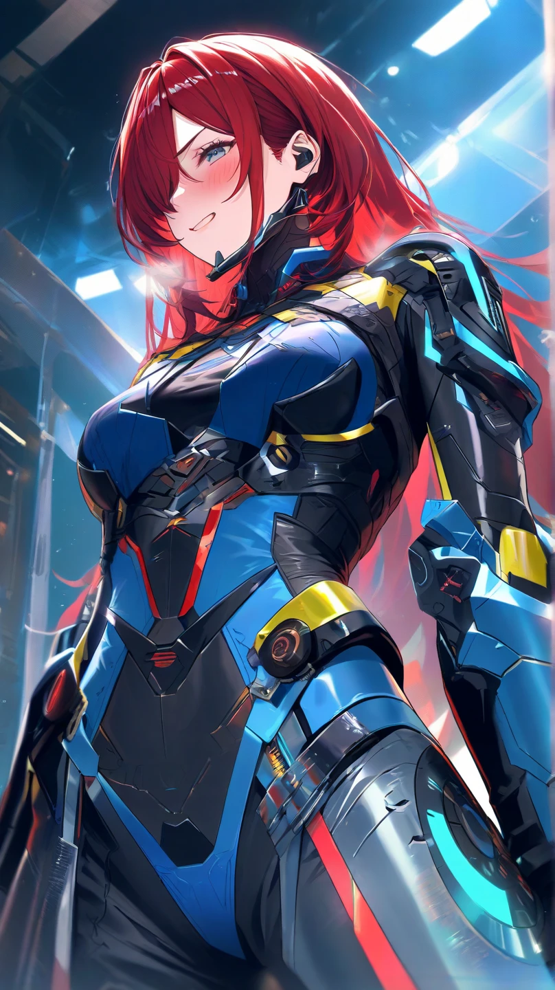 Beautiful cybernetic girl looking at camera in mobile cybernetic battle suit detailed muscles realistic masterpieces dynamic poses character sheet design