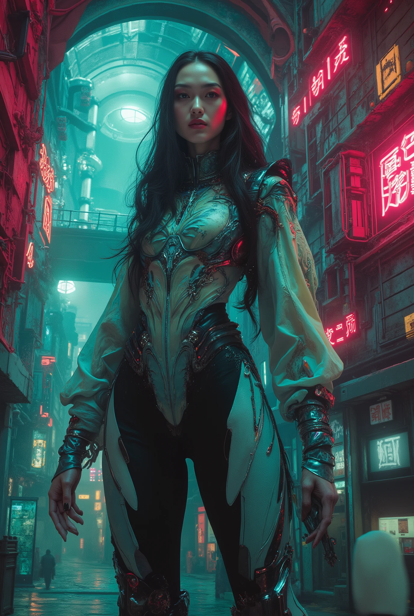(A stunning tall woman is posing like a fashion model:1.5), (She is an anti-hero wearing intricated desighned vivid indigo and light green and dark gray and scarlet uniform:1.7), neon colored mechanical biomorphism, horror art, intricate details, maximalist perfect illustration, digital painting art, quantum world, place of fear, surreal,dark, ominous,nightmarish, twisted, unsettling, unnerving, otherworldly, abstract, geometric, futuristic, cyberpunk, chiaroscuro, dramatic lighting, moody atmosphere, rich colors, deep shadows, glowing elements, unsettling anomalies(best quality,4k,8k,highres,masterpiece:1.2), ultra-detailed,(realistic,photorealistic,photo-realistic:1.37), dynamic poses, sensual pose, model posing, (photo taken from dynamic angle:1.2)