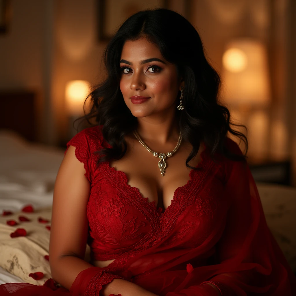 (Indian girl), Big ??????, 8k, (realistic, photo-realistic), bust shot, revealing clothes, strapless, thick thighs, shy face, clear face, supermodel, sweetheart neck Dress, front view, sitting on bed, legs spread, thighhighs, lips apart, red lipstick, red dress, front view, closeup shot, focus, seductively posing, leaning forward, soft background