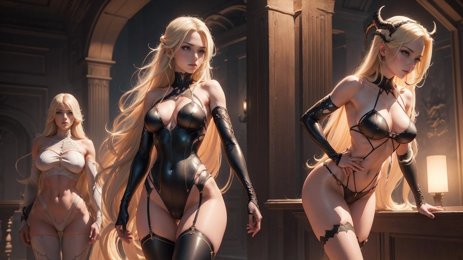 details Intricate, ??????? big, long blonde wavy hair, Gothic,tight slingshot ??????, Steampunk, black makeup, copper jewelry