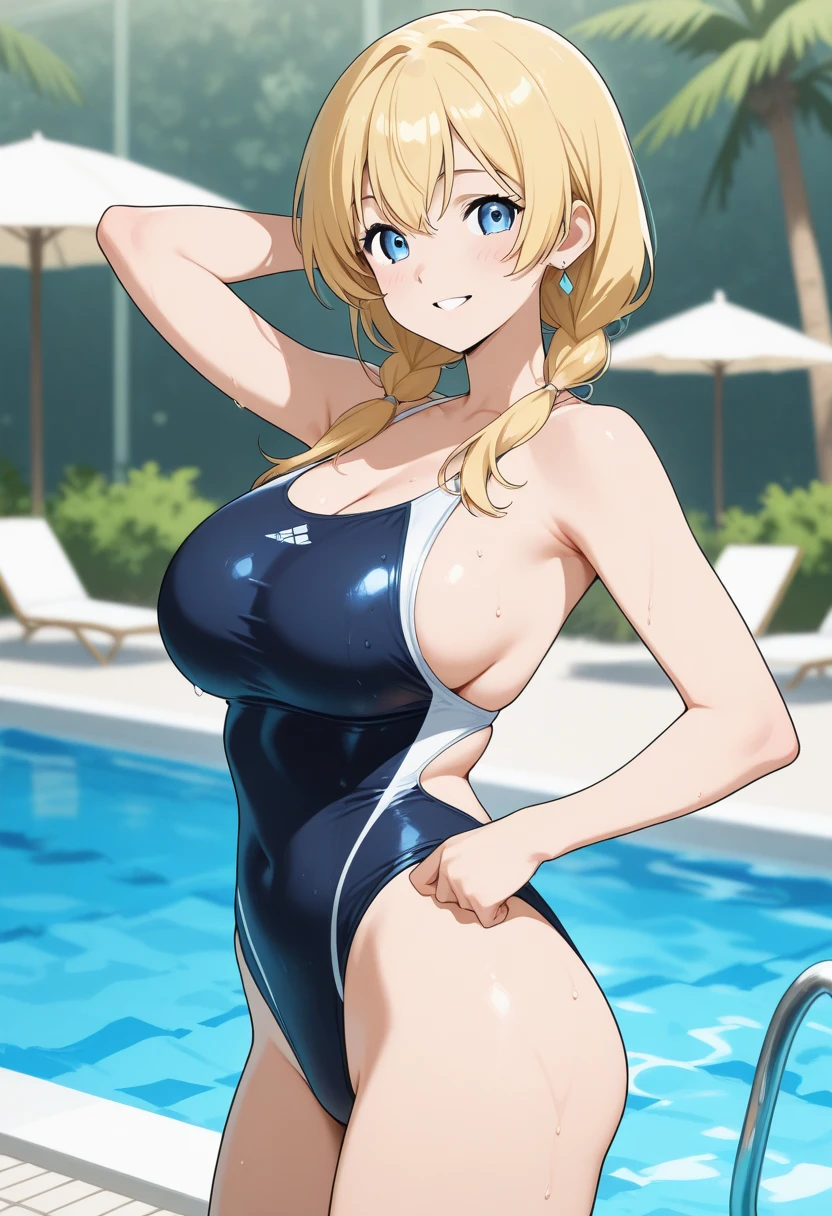 score_9, score_8_up, score_7_up,ishigaki takashi, fate testarossa, 1girl,  <lora:[pony]type-g_fate testarossa:1>,blonde hair, blush,curvy, large breasts, 
BREAK
highleg swimsuit, competition swimsuit, hair bun, pool, indoors,water,tile floor, reflection, full body,holding swim cap, looking at viewer, confused,thighs, standing,