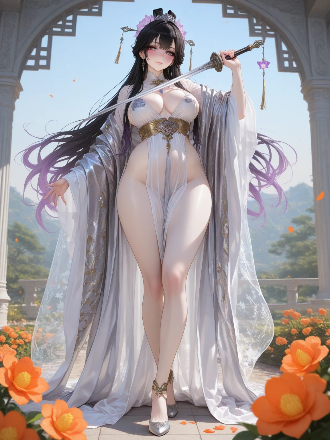 Top quality, masterpiece, high resolution, Chinese,，，，，,mountain peak,,,,,,,,,,,,,，stand ，,1girl, charming appearance and personality, big body, extremely sexy, ，，，，Floral print ，， ，Floral print，， Light yellow floral fragments，，( ), large hollow , beautiful and delicate face, (desire figure) perfect slim figure ( slip: 0.5), perfect white skin，stand ，，Smooth black long hair