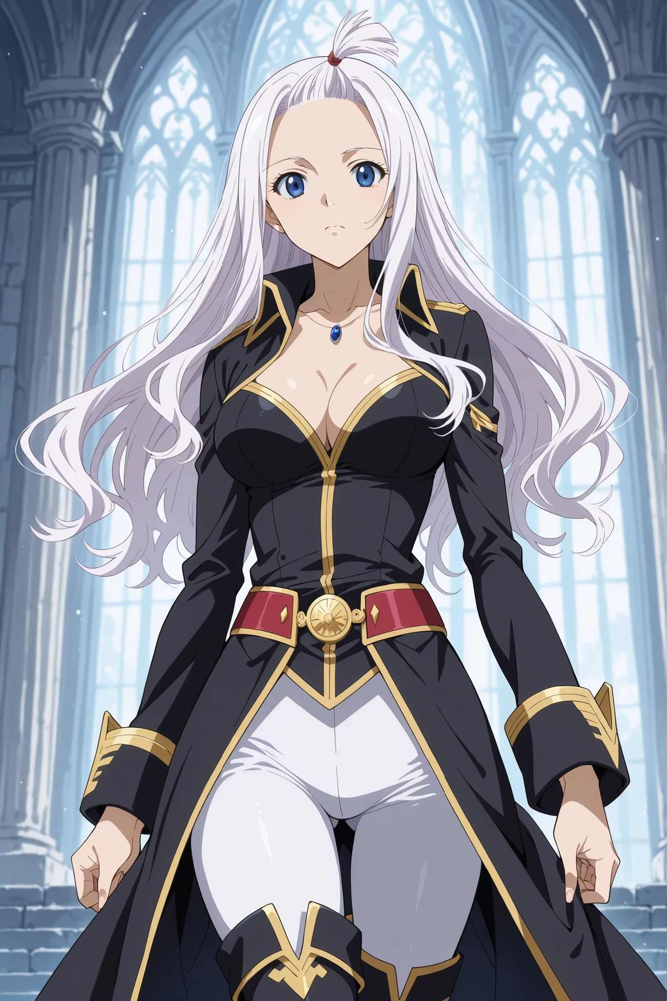 score_9, score_8_up, score_7_up, source_anime, solo, alone, 1girl, mirajanestrauss, mirajane strauss, long hair, blue eyes, white hair, forehead, outfit with gold trim, black top, black coat, tight pants, white pants, black thigh boots, cleavage, sapphire jewelry
in a white castle, fantasy style,looking at viewer, very beautiful