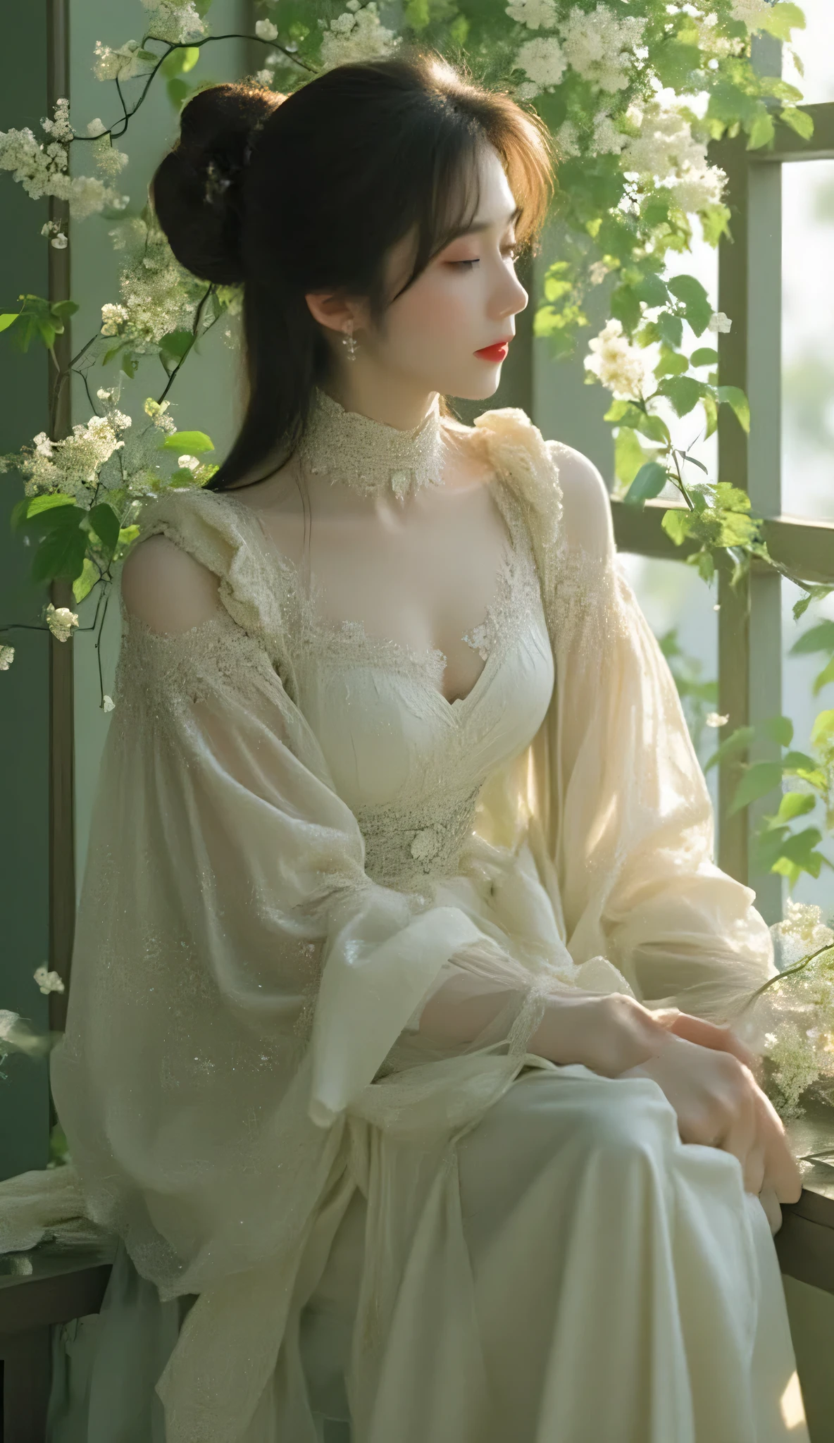 A painting or digital artwork combining elements of photography and painting. A woman dressed in elegance, Retro style dress,with exquisite lace details and off-the-shoulder sleeves. She sat by the window, surrounded by lush greenery and blossoming flowers, creates a calm and dreamy atmosphere. Soft lights and fantastic atmosphere hint at romance or fantasy Scenes.