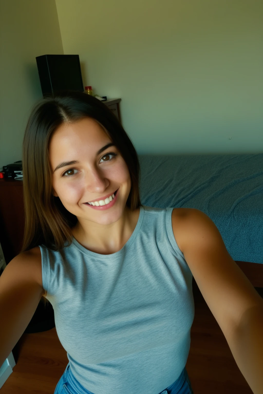 Authentic selfie photo to share, Selfie amateur, A 22-year-old Italian girl wearing jeans and a casual top. She's smiling casually, with minimal makeup, in an informal setting like her bedroom. the background shows some personal objects, film grain, film filter