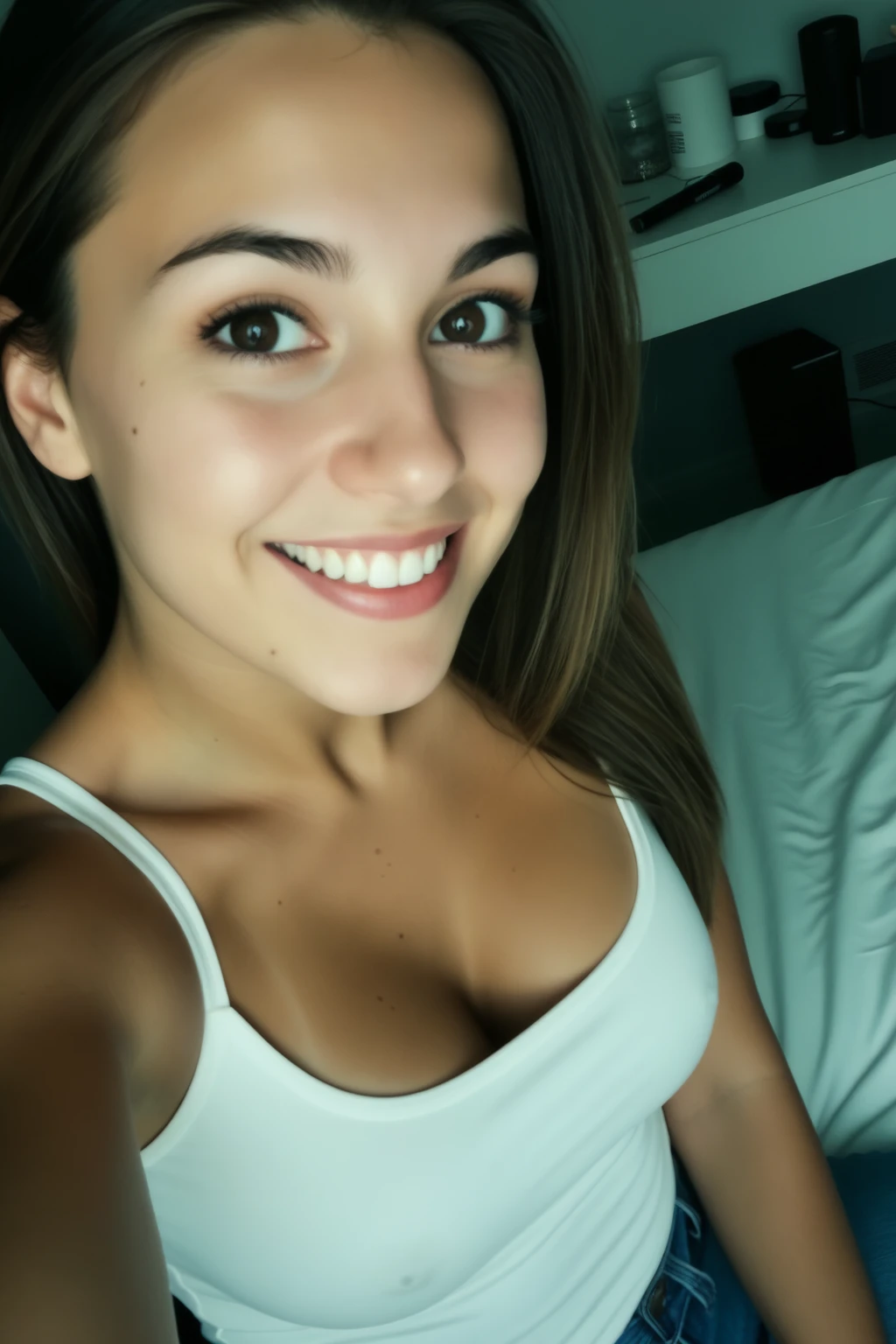 Authentic selfie photo to share, Selfie amateur, A 22-year-old Italian girl wearing jeans and a casual top. She's smiling casually, with minimal makeup, in an informal setting like her bedroom. the background shows some personal objects, film grain, film filter
