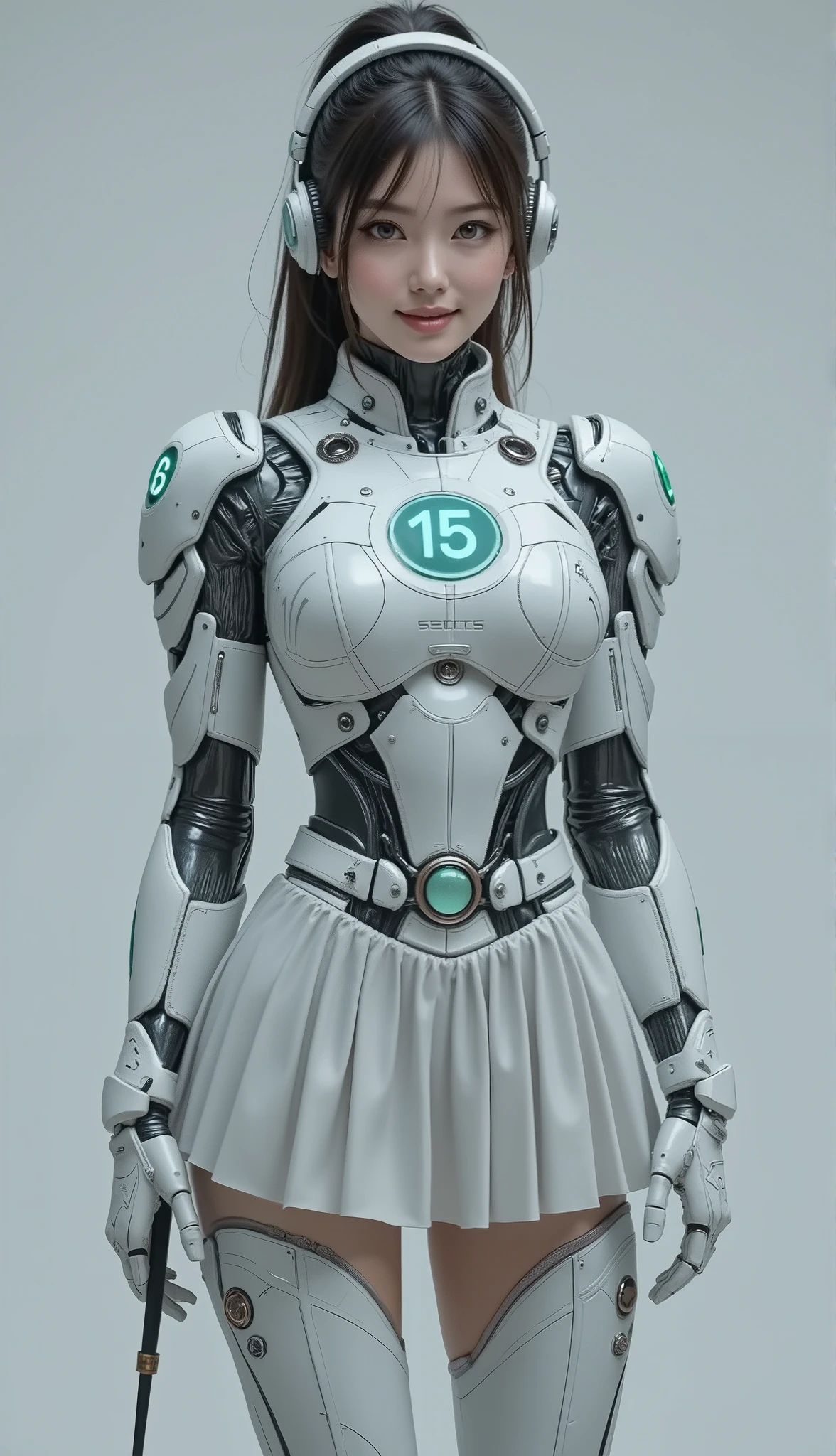 ((NSFW:0.000001)),(((hyperrealistic photography:2))),((cute girl with a tender and flirtatious look:2)),((realistic face:1.8)),(cute and big smile:2),((girl with European features or Russian features)),((very pretty and sensual girl with her hair up)),((green eyes)),dressed in a futuristic white neoprene thong and transparent fabric,((large cleavage:2)),(bare hips:2),white background without shadows:2,white and blurred background:2,the clothes have cybernetic elements of white plastic shoulder pads with chrome trim and copper and white plastic details,((totally focused on the model:2)),(((clothes completely made of white plastic:2))), (((white belt with a large round buckle and futuristic elements:2)),((girl with a very cute and tender face)),((the text "EPO15" appears in large size and in capital letters on the shoulder pads and bust of the costume)),dark hair,long hair,(full white neoprene micro bikini:2),(the bikini has small and translucent with symmetrical sections on the sides:2),(the bra is extremely small and tight:2),(clear plastic bra:2),((white and sheer micro bikini:2)),(partially white latex gloves with copper and black chrome plastic details),(((big and beautiful smile:2))),(full bodysuit with long sleeves and high neck:2),((futuristic headphones with blue and green LED lighting:2)),((long and athletic legs with white thigh-high boots:2)),(white pleated leather skirt:2),(((white knee-length skirt:2))),((white robotic boots:2)),(((navel and iliacoss visible:2))),(showing skin below the neck:1.9),(cute and flirtatious look:2),((white plastic micro bikini:2)),(hip dip:2), (((beautiful smile with perfect teeth:2))),(((small but firm bust:2))),big hips:2,big glutes:2,(((thick and athletic legs:2))), futuristic copper and black elements on white leather boots,(old books:2),((sitting posture on a column of old books:2)),((sitting posture from the front or in profile holding an old book covered in black leather in one hand:2)).