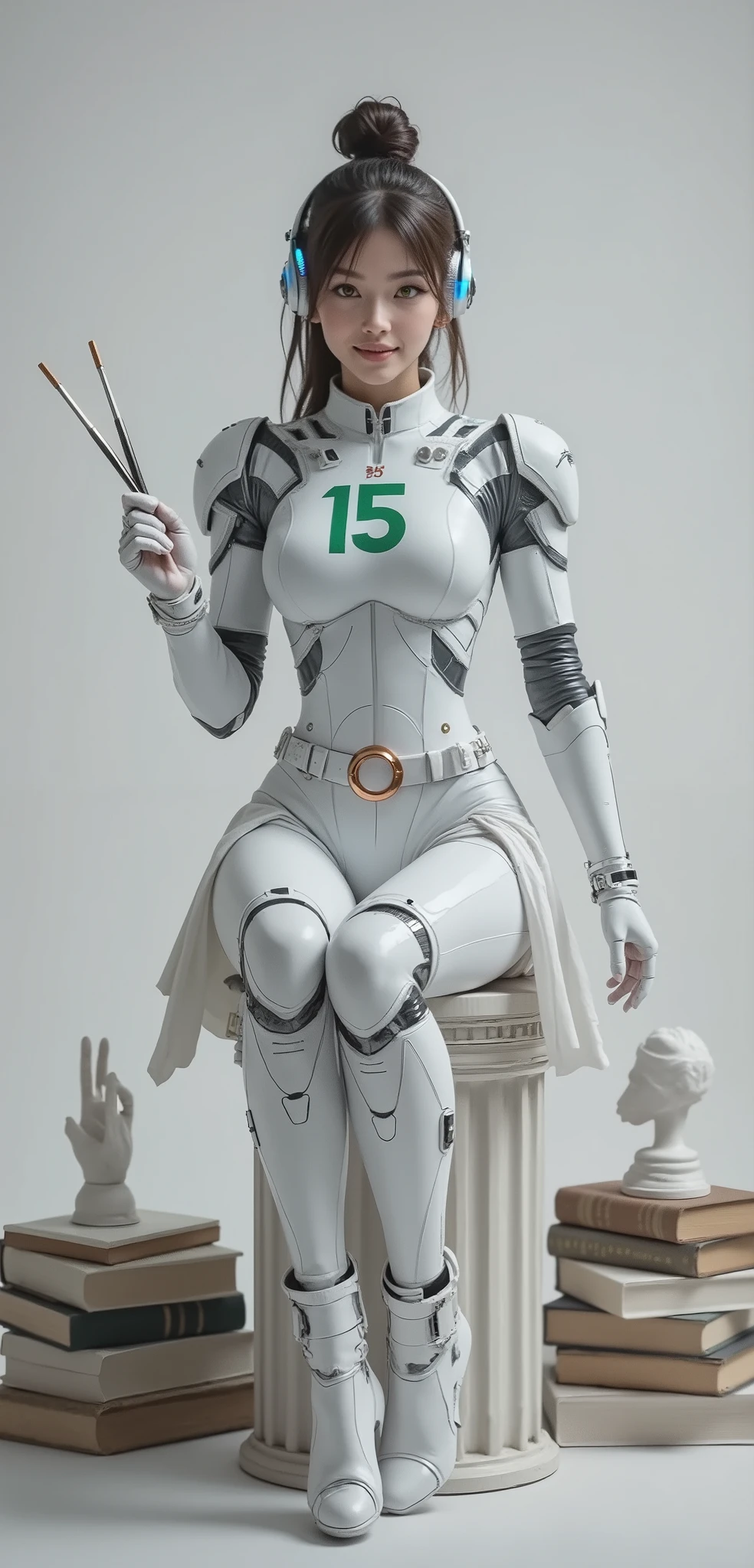 ((NSFW:0.000001)),(((hyperrealistic photography:2))),((cute girl with a tender and flirtatious look:2)),((realistic face:1.8)),(cute and big smile:2),((girl with European features or Russian features)),((very pretty and sensual girl with her hair up)),((green eyes)),dressed in a futuristic white neoprene thong and transparent fabric,((large cleavage:2)),(bare hips:2),white background without shadows:2,white and blurred background:2,the clothes have cybernetic elements of white plastic shoulder pads with chrome trim and copper and white plastic details,((totally focused on the model:2)),(((clothes completely made of white plastic:2))), (((white belt with a large round buckle and futuristic elements:2)),((girl with a very cute and tender face)),((the text "EPO15" appears in large size and in capital letters on the shoulder pads and bust of the costume)),dark hair,long hair,(full white neoprene micro bikini:2),(the bikini has small and translucent with symmetrical sections on the sides:2),(the bra is extremely small and tight:2),(clear plastic bra:2),((white and sheer micro bikini:2)),(partially white latex gloves with copper and black chrome plastic details),(((big and beautiful smile:2))),(full bodysuit with long sleeves and high neck:2),((futuristic headphones with blue and green LED lighting:2)),((long and athletic legs with white thigh-high boots:2)),(white pleated leather skirt:2),(((white knee-length skirt:2))),((white robotic boots:2)),(((navel and iliacoss visible:2))),(showing skin below the neck:1.9),(cute and flirtatious look:2),((white plastic micro bikini:2)),(hip dip:2), (((beautiful smile with perfect teeth:2))),(((small but firm bust:2))),big hips:2,big glutes:2,(((thick and athletic legs:2))), futuristic copper and black elements on white leather boots,(old books:2),((sitting posture on a column of old books:2)),((sitting posture from the front or in profile holding an old book covered in black leather in one hand:2)).