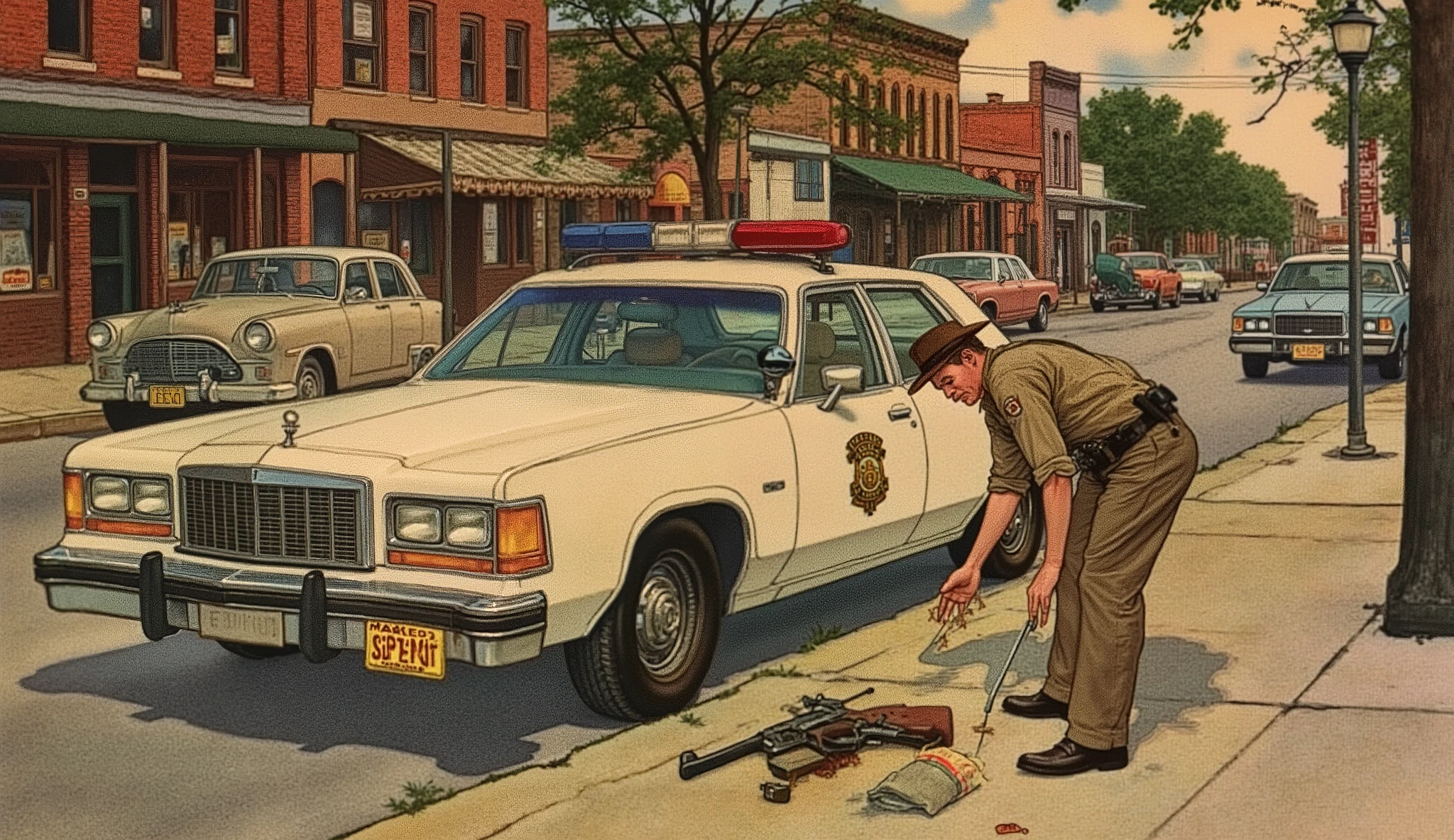 shippengreen1 illustration.
Modern day, small town Texas, downtown square, 1980s ford police car (white color scheme) sitting on the street, other vehicles from that era parked along the street. A deputy (brown/khaki uniform) investigates a suspicious firearm on the ground. Architecture of brick buildings is from early 1900s Midwest style.