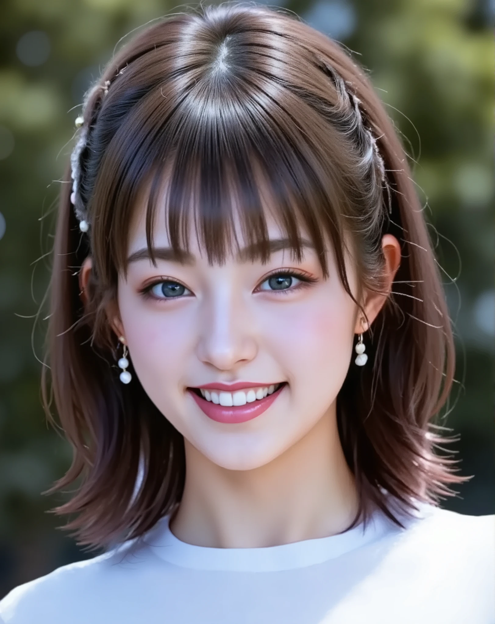{{small breasts:Single High School Girl:Smile Yan:１８age:：(big double eyelids)：(mascara),(long lashes):{{Lacrimal sac}}:(red cheeks)：(Full bangs}:{princess cut}:{straight,My short hair},{{small white earrings:2.0}}
