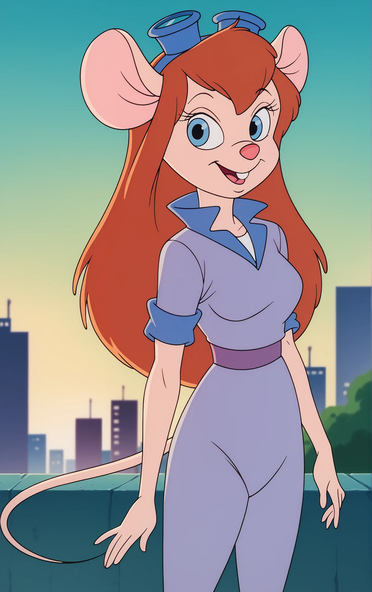 check_9, check_8_ upwards, check_7_ upwards, looks at the viewer, _gadgethackwrench _own waifu,
1girl, mouse tail , eyelashes, mouse ears , red hair, muzzle, long hair, fluffy female, animal ears, blue eyes, animal nose, mouse tail, head glasses , hare teeth, the sideburns, chelka, body fur, Breasts, hairband, medium Breasts, head glasses , носит лифчик трусы sleeves rolled upwards, short sleeves, belt, splitting , clavicle,
(counterpoint, hand in hand ), Sunset, side lighting, cityscape, outdoors, depth of field, One, Interesting image, captivating image,