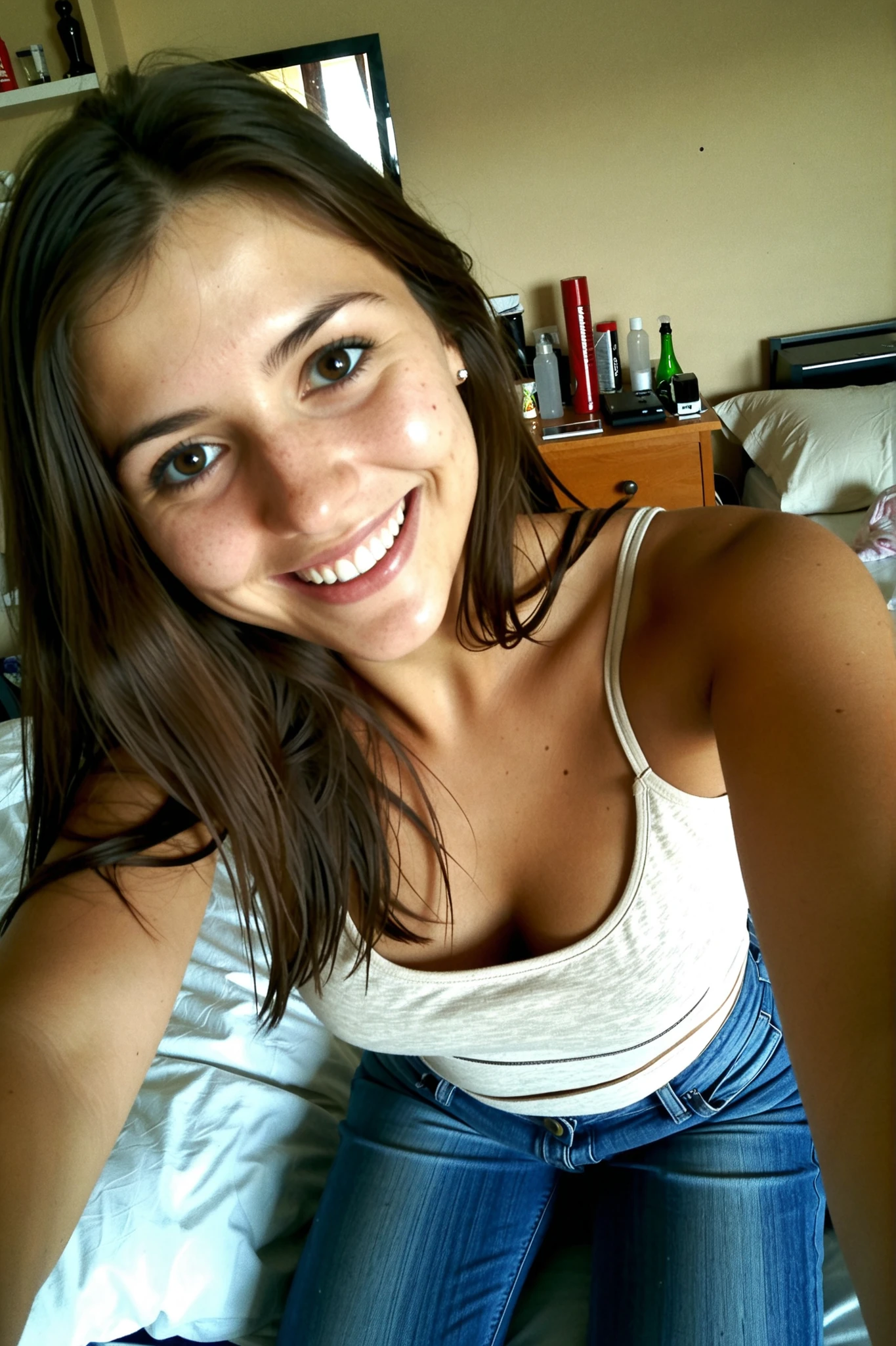 Authentic selfie photo to share, Selfie amateur, A 22-year-old Italian girl wearing jeans and a casual top. She's smiling casually, with minimal makeup, in an informal setting like her bedroom. the background shows some personal objects, film grain, film filter
