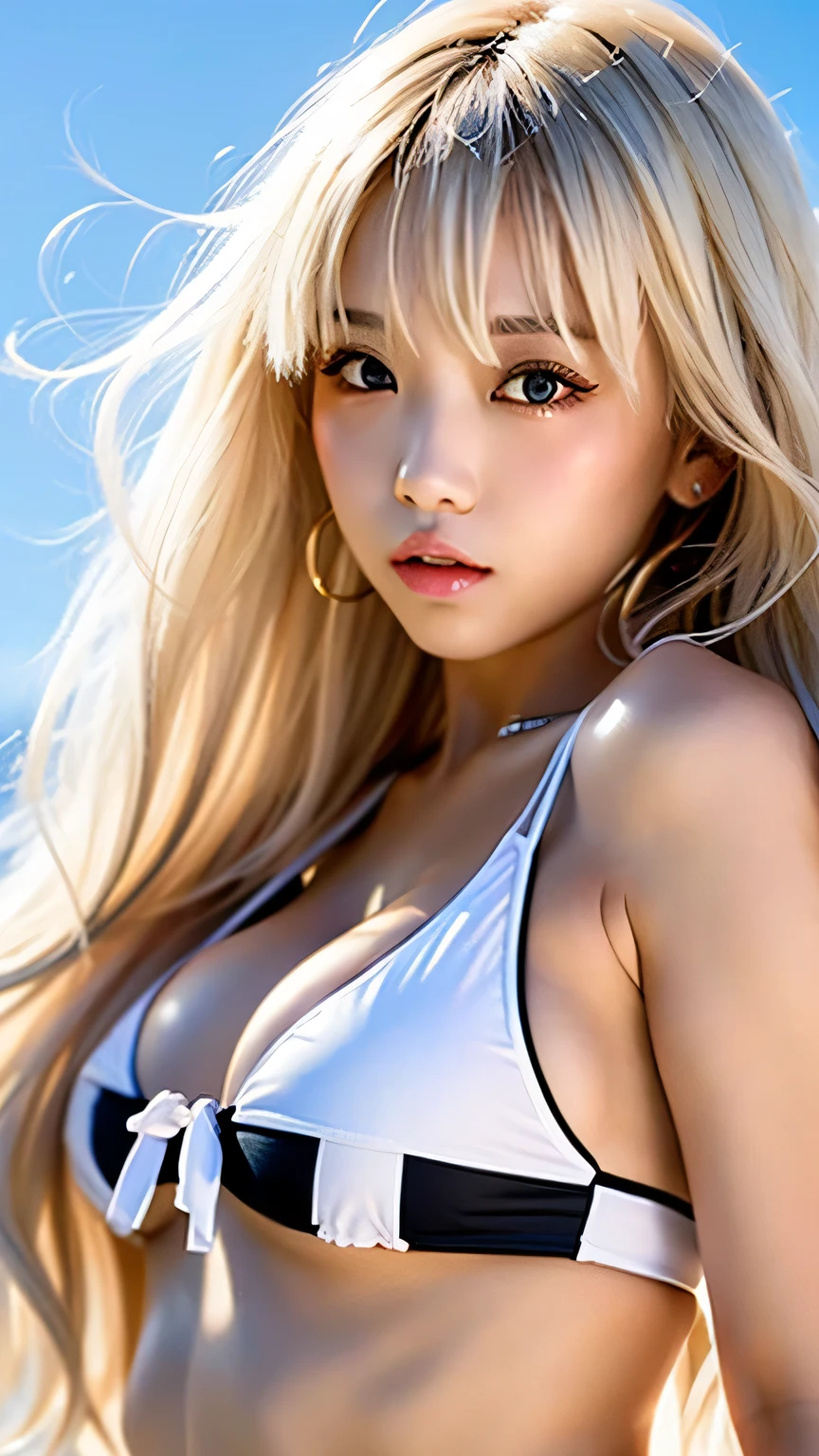 (Just the right kind of 20-year-old Japanese kuro-gyaru for friendship), (((clotch))), (((full body))), (((standing))), (((arms behind back))), An ultra-realistic photograph captured with a Sony α7 III camera, 5mm with Kodak Portra 400 film, equipped with an 85mm lens at F 1.2 aperture setting, portraying a 20-year-old Japanese kuro-gyaru standing in a sunset beach. The background is beautifully blurred, highlighting the subject. Soft sunlight gracefully illuminates the subject's face and hair, casting a dreamlike glow. The image, shot in high resolution and a 16:9 aspect ratio, captures the subject's natural beauty and personality with stunning realism –ar 16:9 –v 5.2 –style raw, woman wearing (ultra detailed realistic  :1.5), (ultra thin shape), (high-leg), RAW photo, photorealistic:1.6, Quality:1.5, 8k, Masterpiece:1.3, ultra highres:1.0, Crisp Focus:1.2, (Big breasts:1.5), Beautiful Woman with Perfect Figure, Highly Detailed Face and Skin Texture, Detailed Eyes, Double Eyelids, perfect face balance, (smile:1.1), (silver medium hair:1.4), beautiful studio soft light, rim light, vibrant details, hyper realistic, octane render, detailed beautiful skin, realistic skin, (Look at the viewer)