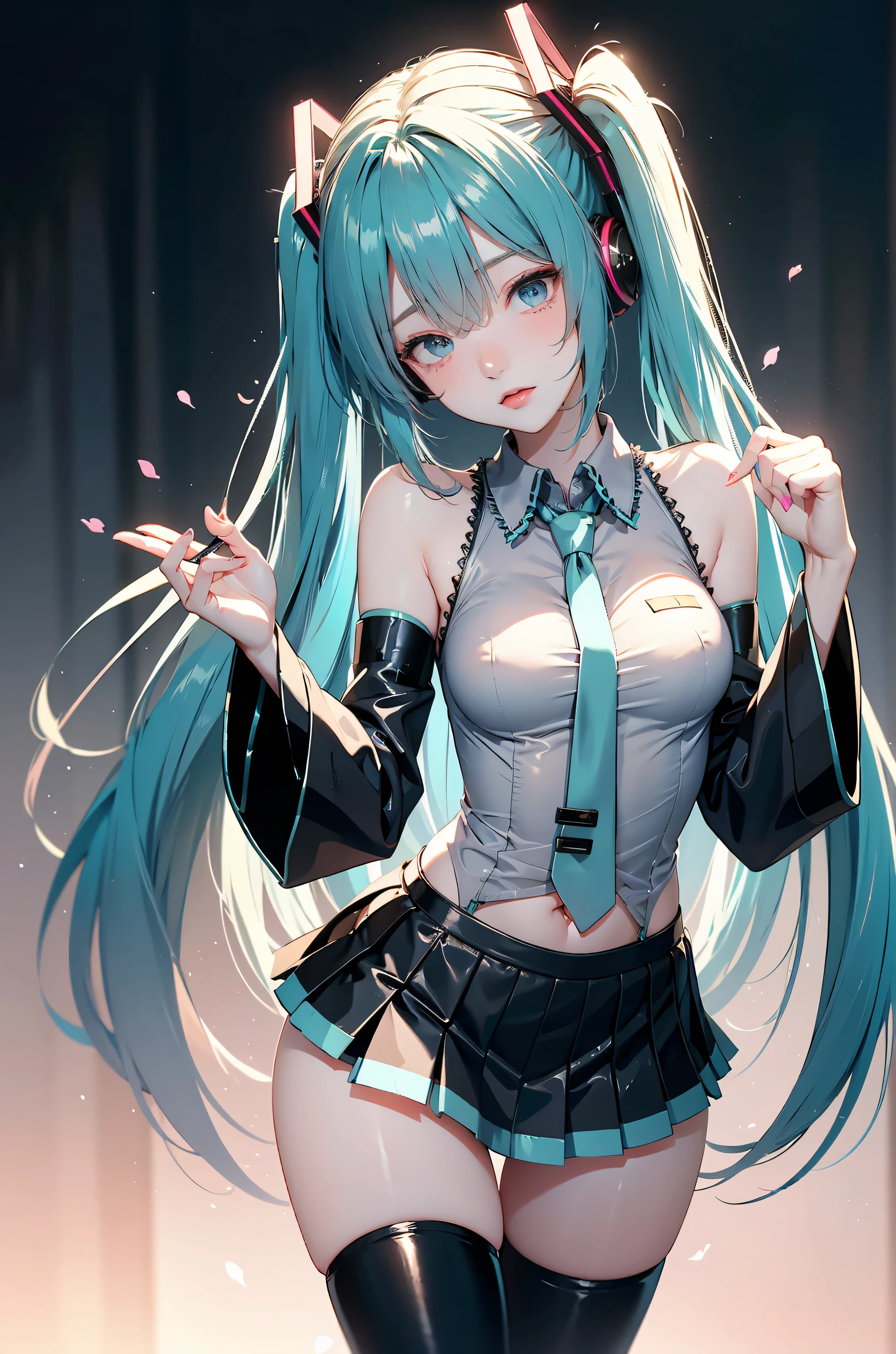 top quality, 8k, 32K, masterpiece, photorealistic image, beautiful face, perfect face, highly detailed beautiful face and eyes, attractive face, (detailed skin:1.2, Skin blemishes:0.5), real human skin, perfect skin,
((piercing eyes, upturned eyes, full lips, lip gloss, slim body, narrow waist, tall, long legs, slender leg)),
Cowboy Shots, standing, A lovely pose, sexy pose, active pose,
1girl, (super beauty, solo:1.2), beauty Japanese woman, young adult, adult, watching viewers,
Hatsune Miku, <lora:hatsunemikugc-02:0.9>,
miku hatsune, ahoge, aqua eyes, aqua hair, crossed bangs, hair between eyes, hair ornament, headphones, long hair, twintails,
aqua necktie, black footwear, black skirt, black sleeves, boots, collared shirt, detached sleeves, grey shirt, necktie, pleated skirt, shirt, skirt, sleeveless, sleeveless shirt, thigh boots, tie clip,
The pretty pink nipples are see-through,