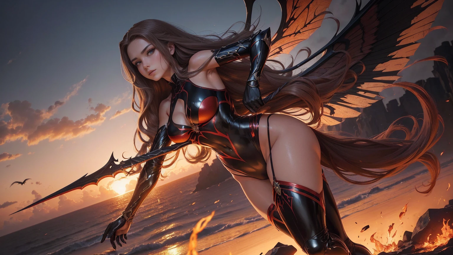 (best quality,ultra-detailed,realistic:1.37),fantasy portrait,charcoal drawing,dramatic lighting,vibrant colors,wide-eyed girl,expressive lips,detailed  features,confident expression,powerful stance,enchanted forest background,dynamic perspective,sharp focus,fierce wild-like hair,]"sexy" girl model[,[18-year-old],rebellious attitude,provocative pose,exquisite attention to clothing details,thigh-high boots,[colorful tattoos],mysterious aura,Red Dragon(rage beast) flying in the distance