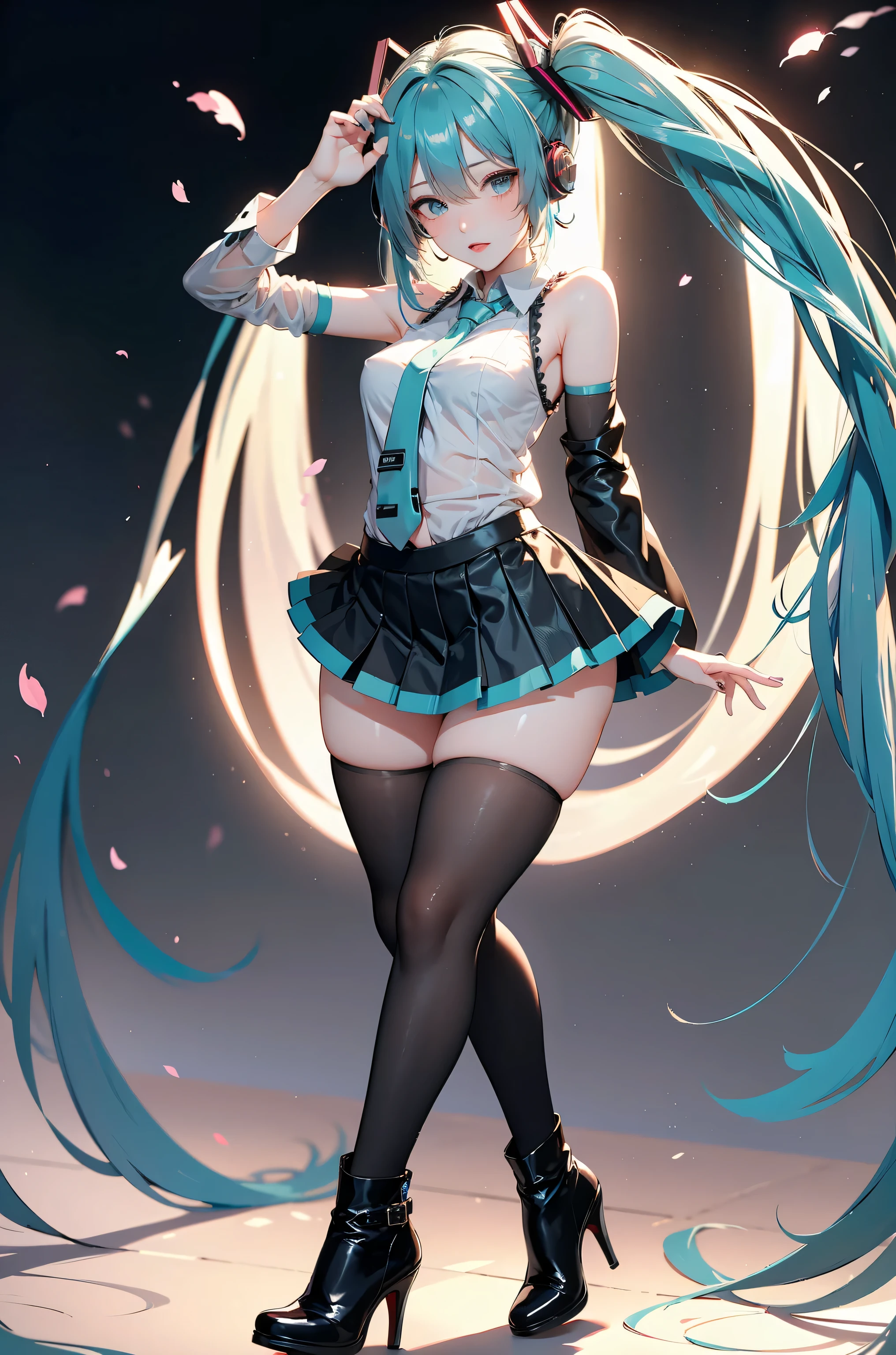 top quality, 8k, 32K, masterpiece, photorealistic image, beautiful face, perfect face, highly detailed beautiful face and eyes, attractive face, (detailed skin:1.2, Skin blemishes:0.5), real human skin, perfect skin,
((piercing eyes, upturned eyes, full lips, lip gloss, slim body, narrow waist, tall, long legs, slender leg)),
Cowboy Shots, standing, A lovely pose, sexy pose, active pose,
1girl, (super beauty, solo:1.2), beauty Japanese woman, young adult, adult, watching viewers,
Hatsune Miku, <lora:hatsunemikugc-02:0.9>,
miku hatsune, ahoge, aqua eyes, aqua hair, crossed bangs, hair between eyes, hair ornament, headphones, long hair, twintails,
aqua necktie, black footwear, black skirt, black sleeves, boots, collared shirt, detached sleeves, grey shirt, necktie, pleated skirt, shirt, skirt, sleeveless, sleeveless shirt, thigh boots, tie clip,
The pretty pink nipples are see-through,