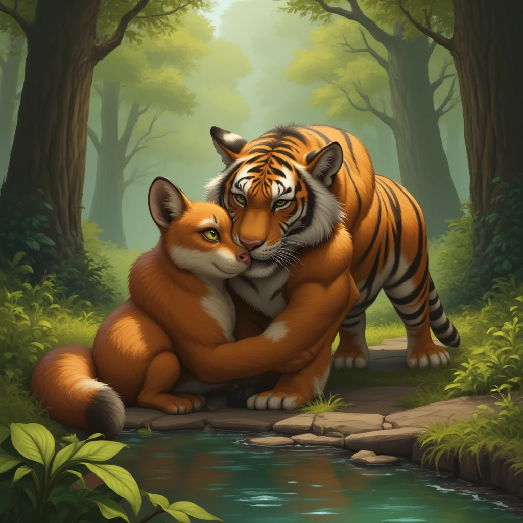 Un fox rojo anthropomorphic WITH red eyes, sitting next to a muscular tiger, both of them engrossed in their feast (imagine juicy, colorful fruits or berries in their paws). The scene is filled with lush greenery and vibrant colors, as sunlight filters through the dense foliage, casting a warm and inviting glow over the duo. The fox's eyes gleam with delight and curiosity, while the tiger's expression is one of satisfied contentment. Their detailed features and expressive faces add a touch of charm and personality to this intricately detailed, high-resolution image (by FoxyTigerArt, by Wild_M