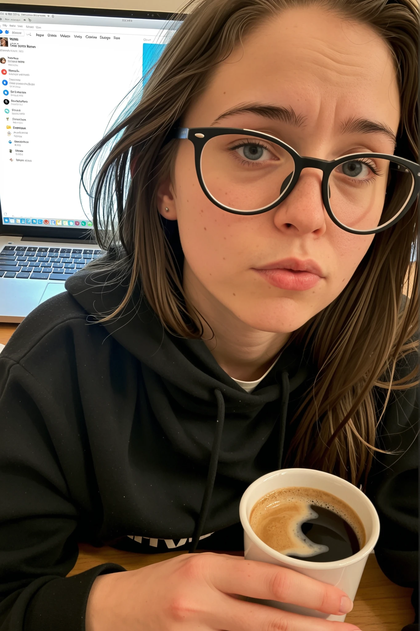 19yo young women, 2023, home office, hoodie, glasses, laptop glare, messy desk, coffee spill, tired eyes, dim room, compressed Zoom screenshot, authentic chaos, realistic fatigue, Twitter post, she a swedish baddie, close, authentic-shared,