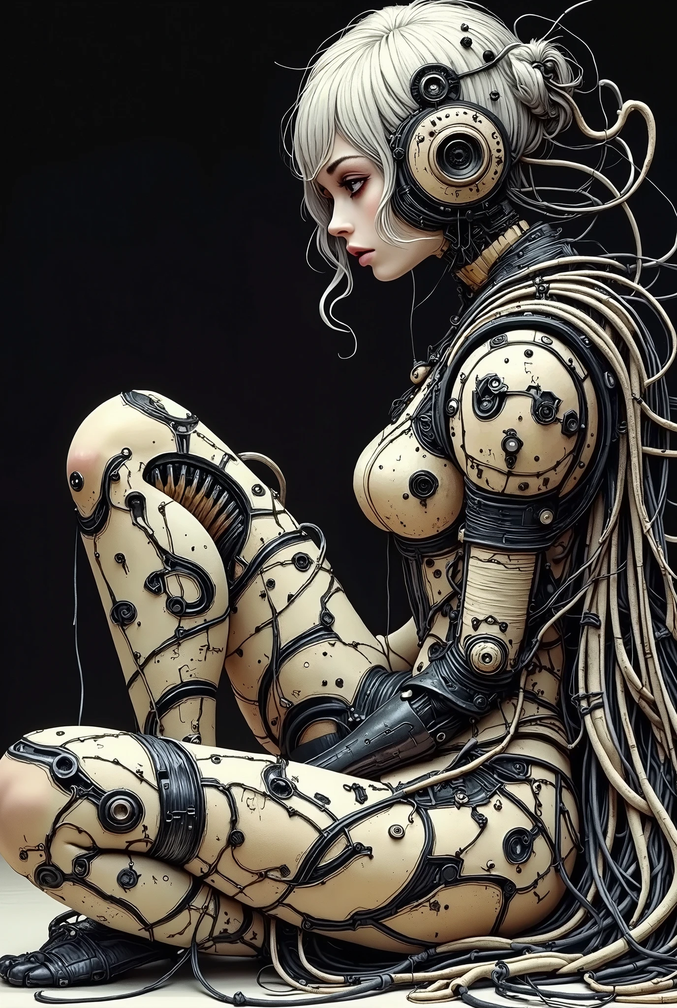 biomechanical female robot made of letters sits on the ground, robot with her head resting on its knees, beige, black, dark background, Letterism style, typographic abstraction, expressive lettering, fragmented words, dynamic text, experimental calligraphy, bold compositions, linguistic distortion