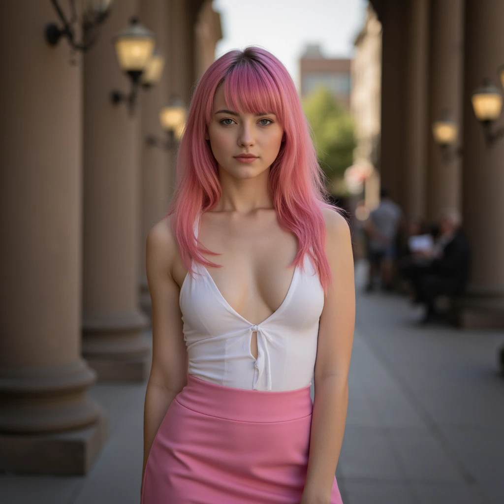 (:1.40),(:1.3),( :1.3),Tokyo, Kabukicho, Long hair blowing in the wind, Pink Hair, High resolution, dress