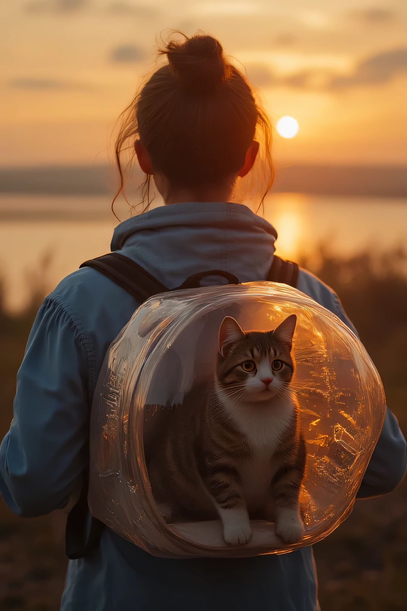 A beautiful young woman has a partially see-through, clear plastic bubble backpack with ventilation holes and a cat inside. She watches the sun go down as the cat sits comfortably inside watching us. Ultra-realistic, Photorealistic, physically-based rendering 3D_Rendered realism, UHDR, Octane render, trending on artstation, stable diffusion, documentary style photorealism, raw photo, 8k, macro photography, cinematic composition, and a stunning sunset, high-res, best quality, a masterpiece.