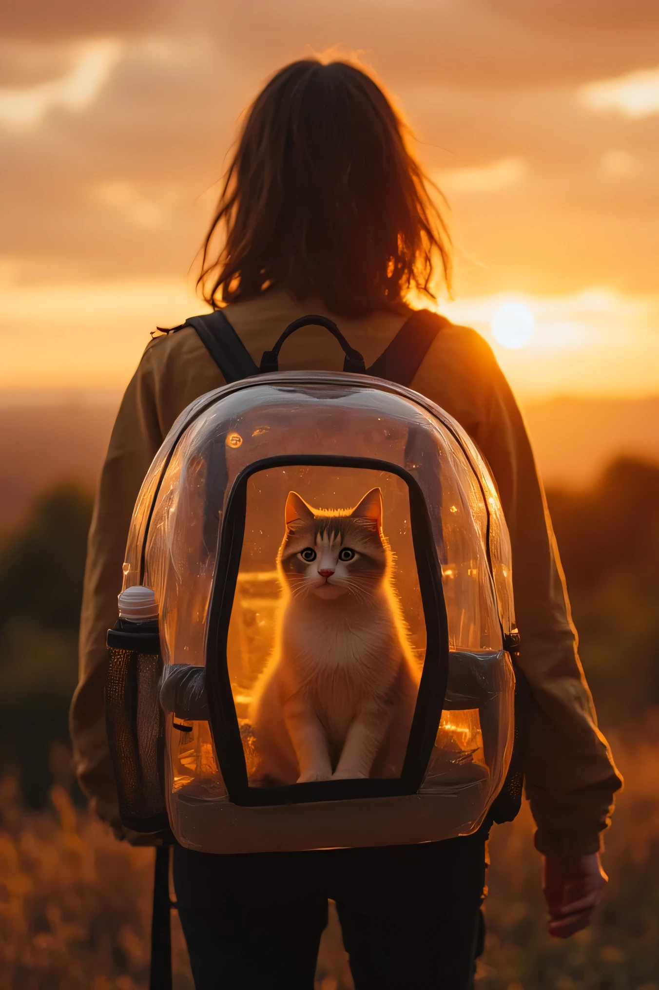 A beautiful young woman has a partially see-through, clear plastic bubble backpack with ventilation holes and a cat inside. She watches the sun go down as the cat sits comfortably inside watching us. Ultra-realistic, Photorealistic, physically-based rendering 3D_Rendered realism, UHDR, Octane render, trending on artstation, stable diffusion, documentary style photorealism, raw photo, 8k, macro photography, cinematic composition, and a stunning sunset, high-res, best quality, a masterpiece.