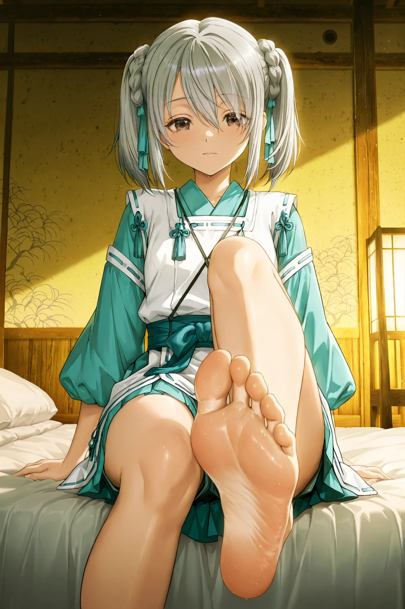 masterpiece,solo,, takenaka_hanbee, grey hair, twintails, brown eyes,japanese clothes,onmyouji, ,with the anime-style illustration emphasizing quiet stillness through meticulous lighting and texture details. ,soft lighting, anime style, masterpiece,beautiful, emotional,, cool color palette, beautiful illustration,,masterpiece, best quality, amazing quality, anime screencap,static pose, bed,Alone,,barefoot,roman feet,each foot has exactly five toes, , detailed feet, natural skin tone, realistic anatomy,perfect feet,toe spreading, subtle wrinkles of Soles ,sitting on bed,one leg extend forward,close_up sole,foot focus