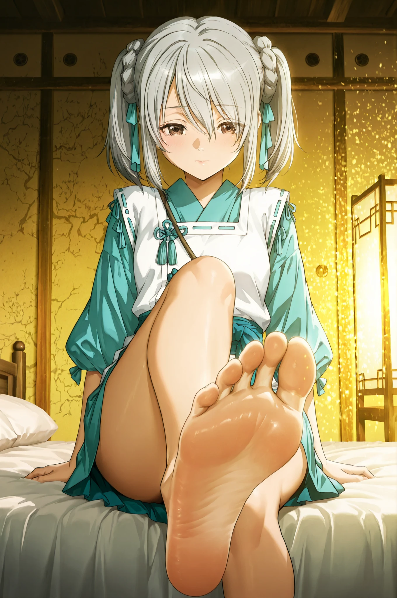 masterpiece,solo,, takenaka_hanbee, grey hair, twintails, brown eyes,japanese clothes,onmyouji, ,with the anime-style illustration emphasizing quiet stillness through meticulous lighting and texture details. ,soft lighting, anime style, masterpiece,beautiful, emotional,, cool color palette, beautiful illustration,,masterpiece, best quality, amazing quality, anime screencap,static pose, bed,Alone,,barefoot,roman feet,each foot has exactly five toes, , detailed feet, natural skin tone, realistic anatomy,perfect feet,toe spreading, subtle wrinkles of Soles ,sitting on bed,one leg extend forward,close_up sole,foot focus
