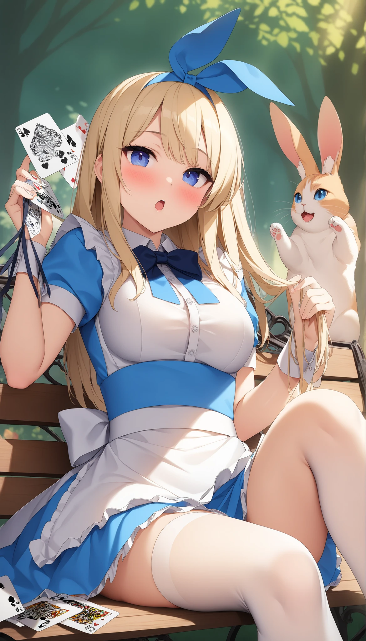 Close up of a person sitting on a bench with a cat,(Official Art、top quality、unity 8k 壁紙、32K、masterpiece、very detailed、Ultra High Definition)、great、((Alice in Wonderland))、Blonde、tie your hair with a ribbon、blue eye color do two people see、blue apron dress、White Sox、Playing Cards、Rabbit