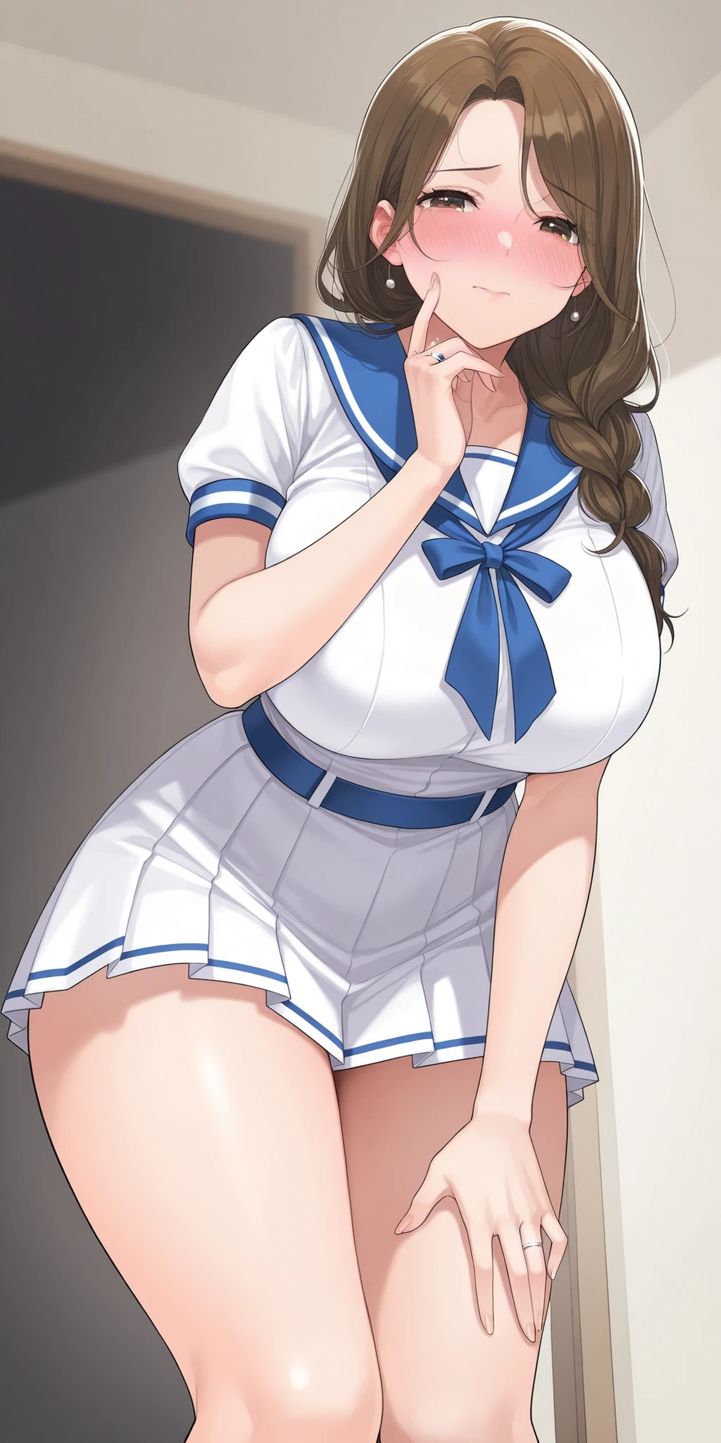 One Girl,Long Hair、Precise five fingers,{Knee-high socks}、(((Wide Hips)))、 (((Plump thighs)))、((Big Ass))、(Big Breasts) Embarrassed look,whole body、Sexy pose,