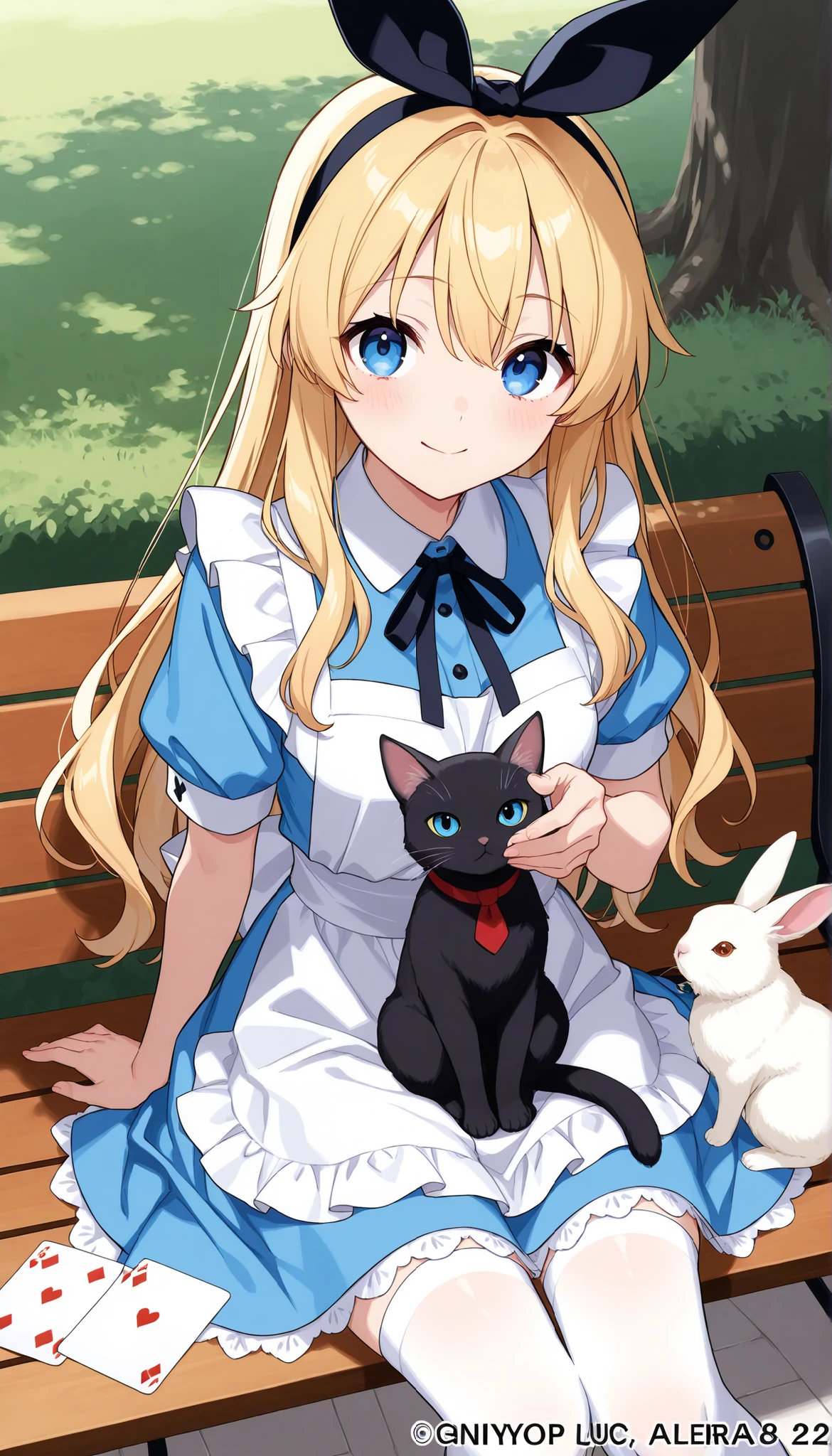 Close up of a person sitting on a bench with a cat,(Official Art、top quality、unity 8k 壁紙、32K、masterpiece、very detailed、Ultra High Definition)、great、((Alice in Wonderland))、Blonde、tie your hair with a ribbon、blue eye color do two people see、blue apron dress、White Sox、Playing Cards、Rabbit