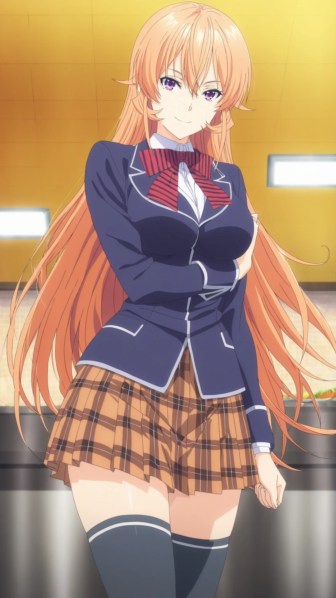 anime coloring, source_anime, hires image, masterpiece, best quality, newest, masterpiece, best quality, 4k, 1girl, long hair, orange hair, purple eyes, hair between eyes, skirt, thighhighs, bow, school uniform, jacket, pleated skirt, shoes, black thighhighs, zettai ryouiki, plaid, plaid skirt, blazer, smile