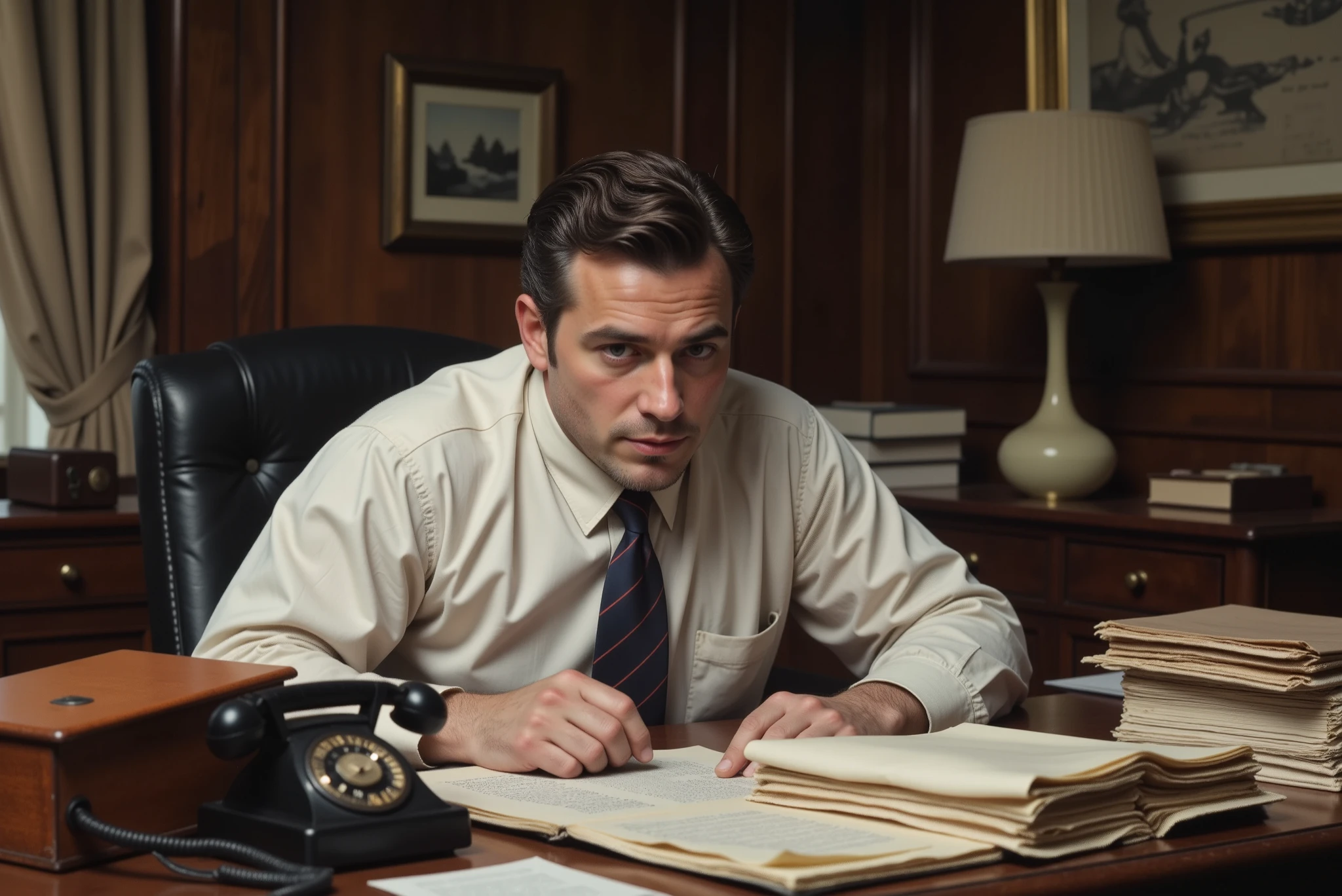 Inside a mid-20th-century office, a man sits at a desk reading a printed document with focused attention. He wears a light-colored, short-sleeved, button-up shirt with vertical stripes and a dark tie. His posture is upright, and his gaze is directed downward at the paper he holds in both hands. On the desk are several folders and loose sheets of paper, suggesting an administrative or analytical setting. Behind him, closed blinds cover the window, reinforcing the indoor, professional atmosphere. The lighting is soft and even, and the color palette is muted, evoking a historical or archival tone.